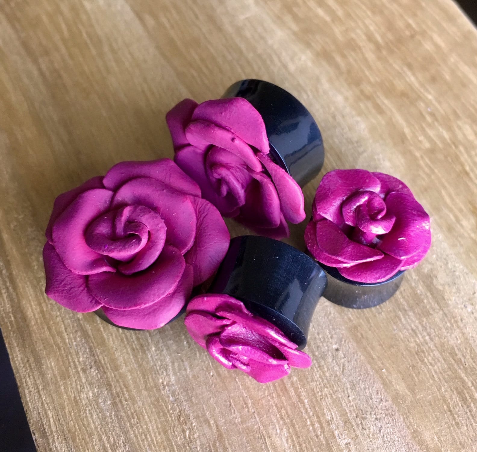 PAIR of Purple Leather Flower and Organic Horn Plugs - Gauges 0g (8mm) up to 1&1/8" (28mm) available!