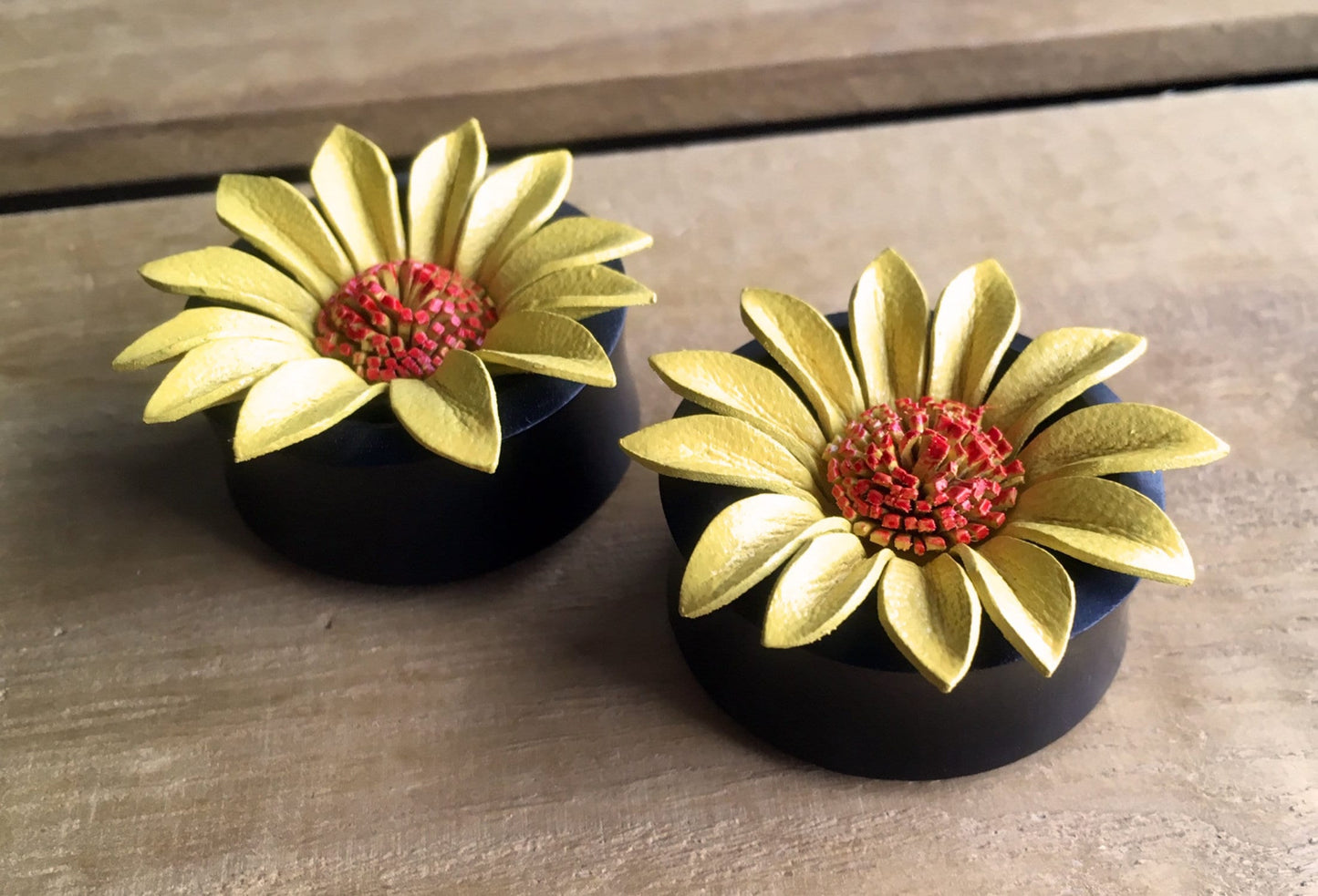PAIR of Beautiful Yellow Leather Flower and Organic Horn Plugs