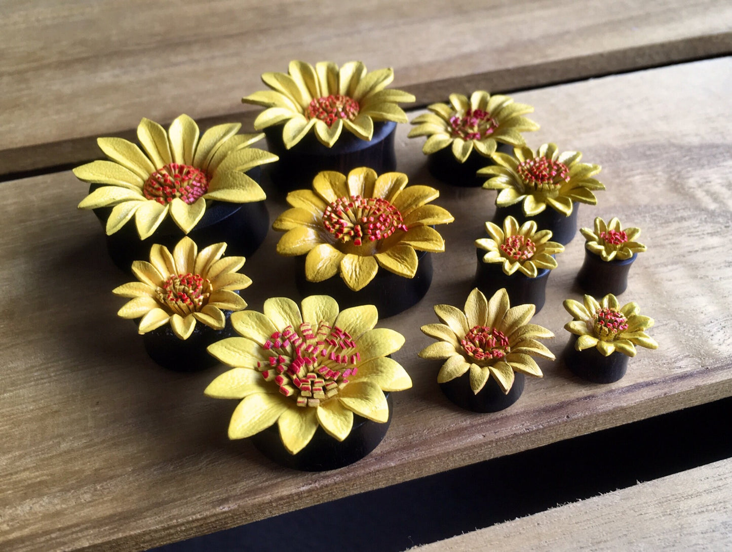 PAIR of Beautiful Yellow Leather Flower and Organic Horn Plugs