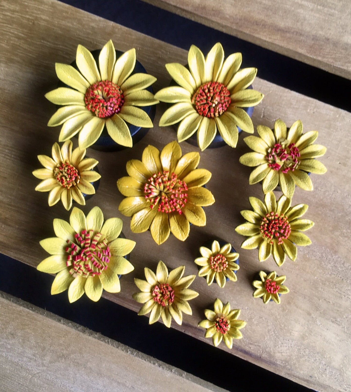 PAIR of Beautiful Yellow Leather Flower and Organic Horn Plugs