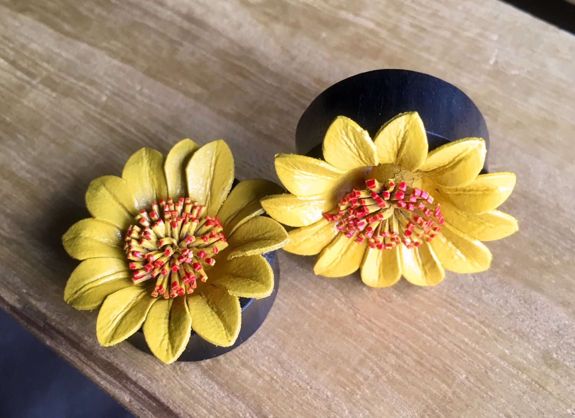 PAIR of Beautiful Yellow Leather Flower and Organic Horn Plugs