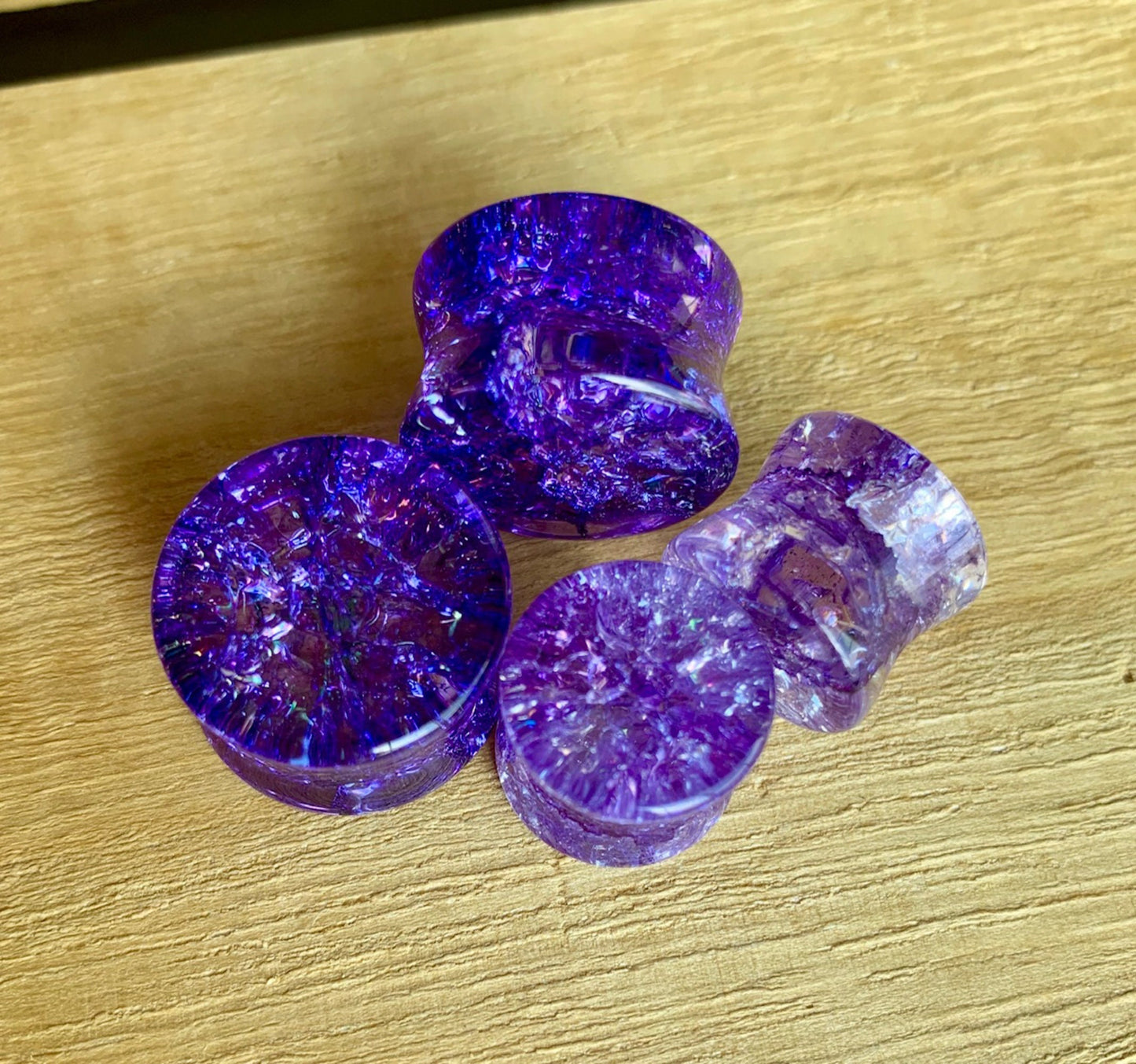 PAIR of Stunning Purple Cracked Glass Double Flare Plugs - Only size 14mm available!