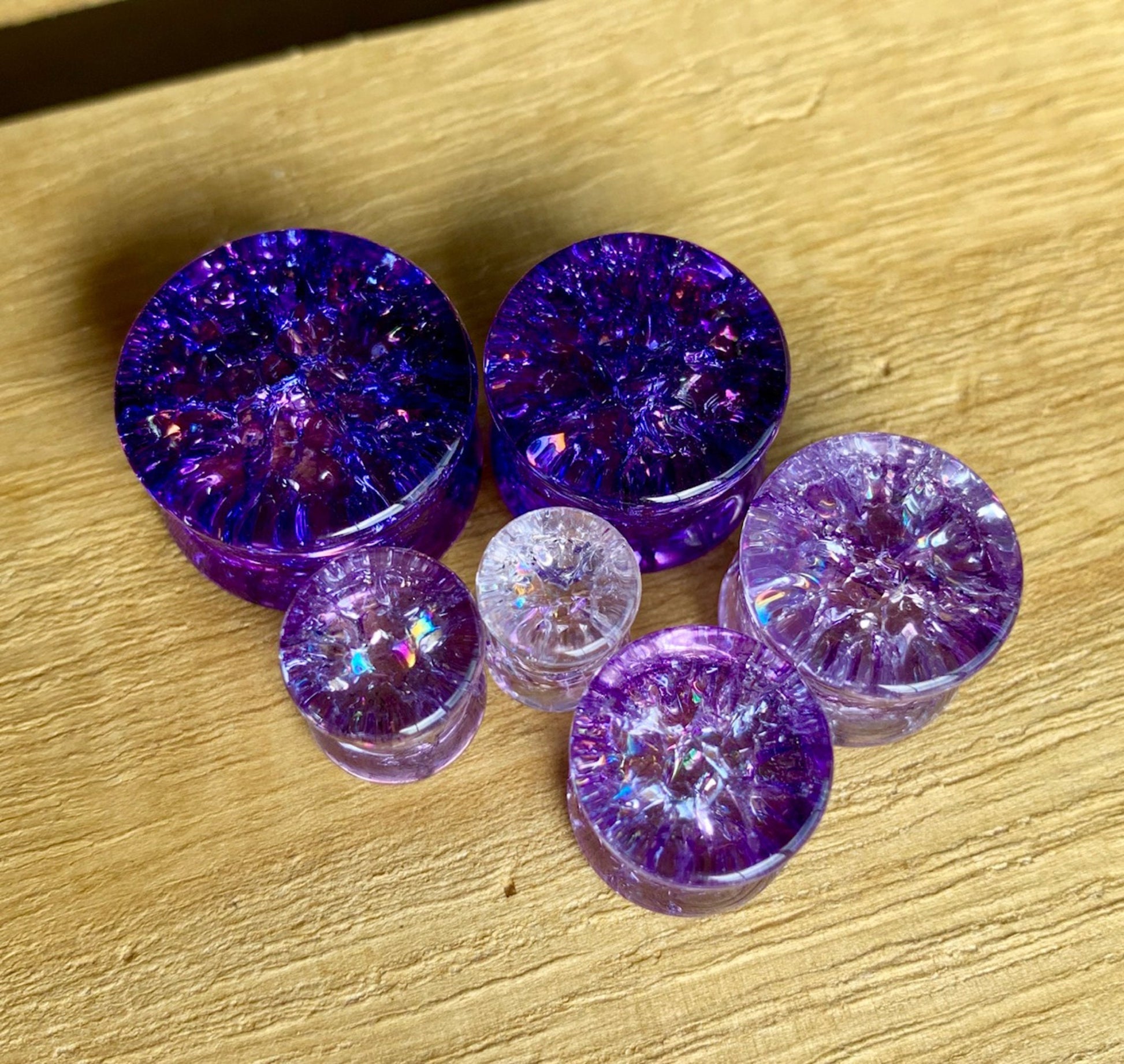 PAIR of Stunning Purple Cracked Glass Double Flare Plugs - Only size 14mm available!