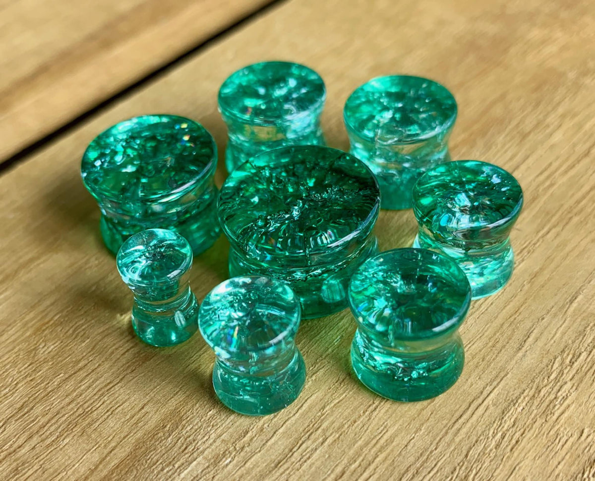PAIR of Beautiful Green Cracked Glass Double Flare Plugs - Gauges 2g (6mm) through 5/8" (16mm) available!
