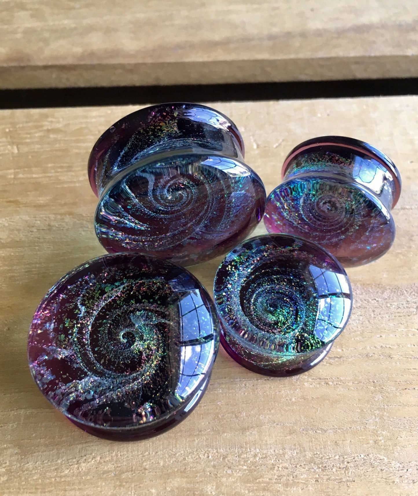 PAIR of Unique Purple Sparkle Galaxy Swirl Design Pyrex Glass Plugs - Gauges 2g (6mm) through 1" (25mm) available!