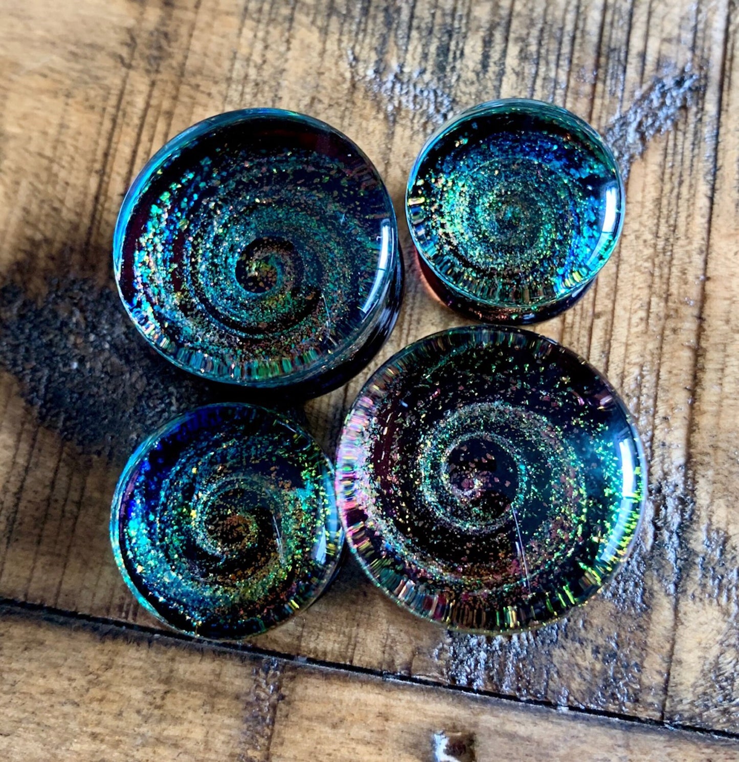 PAIR of Unique Purple Sparkle Galaxy Swirl Design Pyrex Glass Plugs - Gauges 2g (6mm) through 1" (25mm) available!