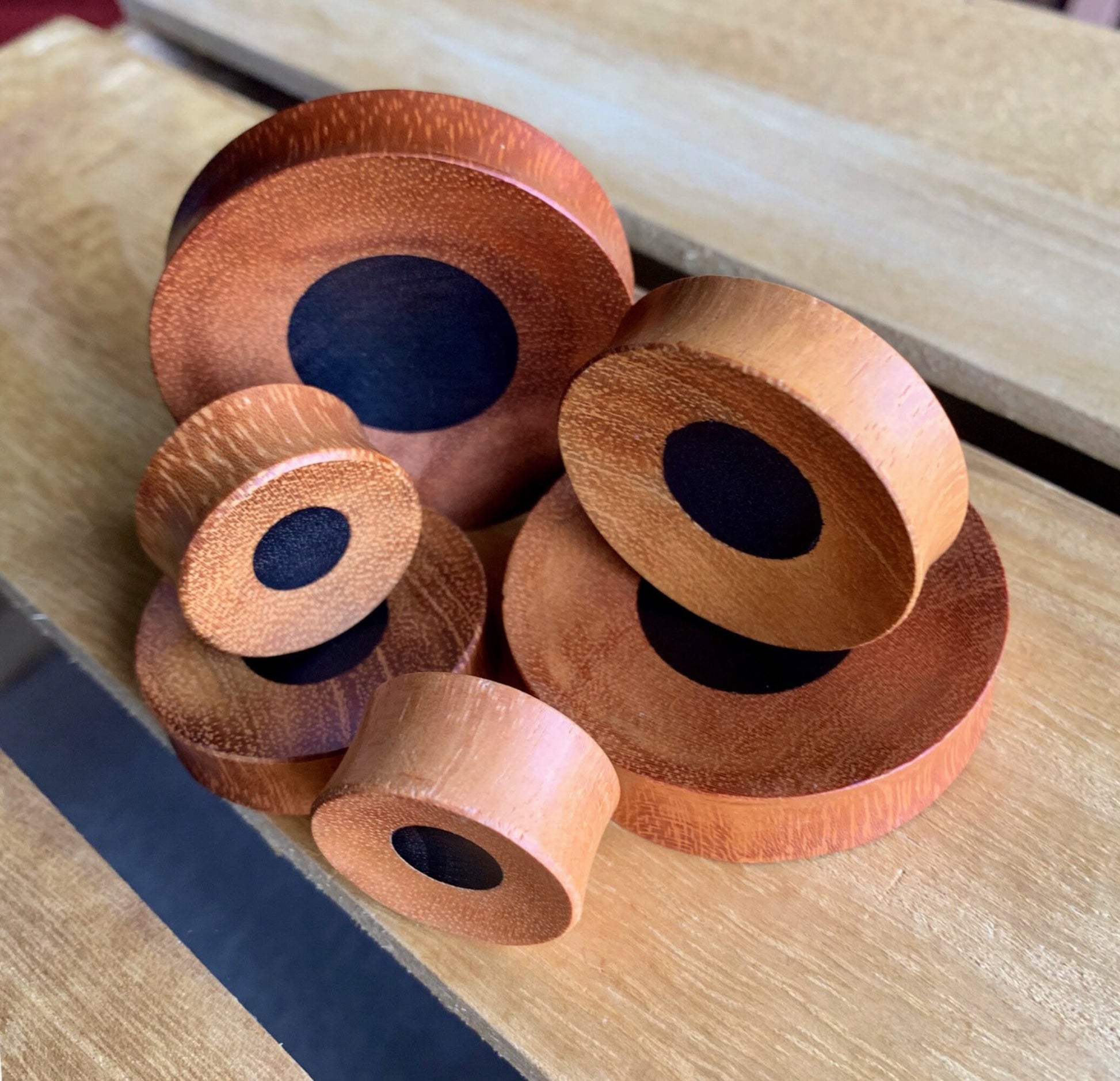 PAIR of Unique Concave Jackfruit Wood with an Areng Wood Center Plugs - Gauges 1" (25mm) thru 52mm (a little over 2") available!