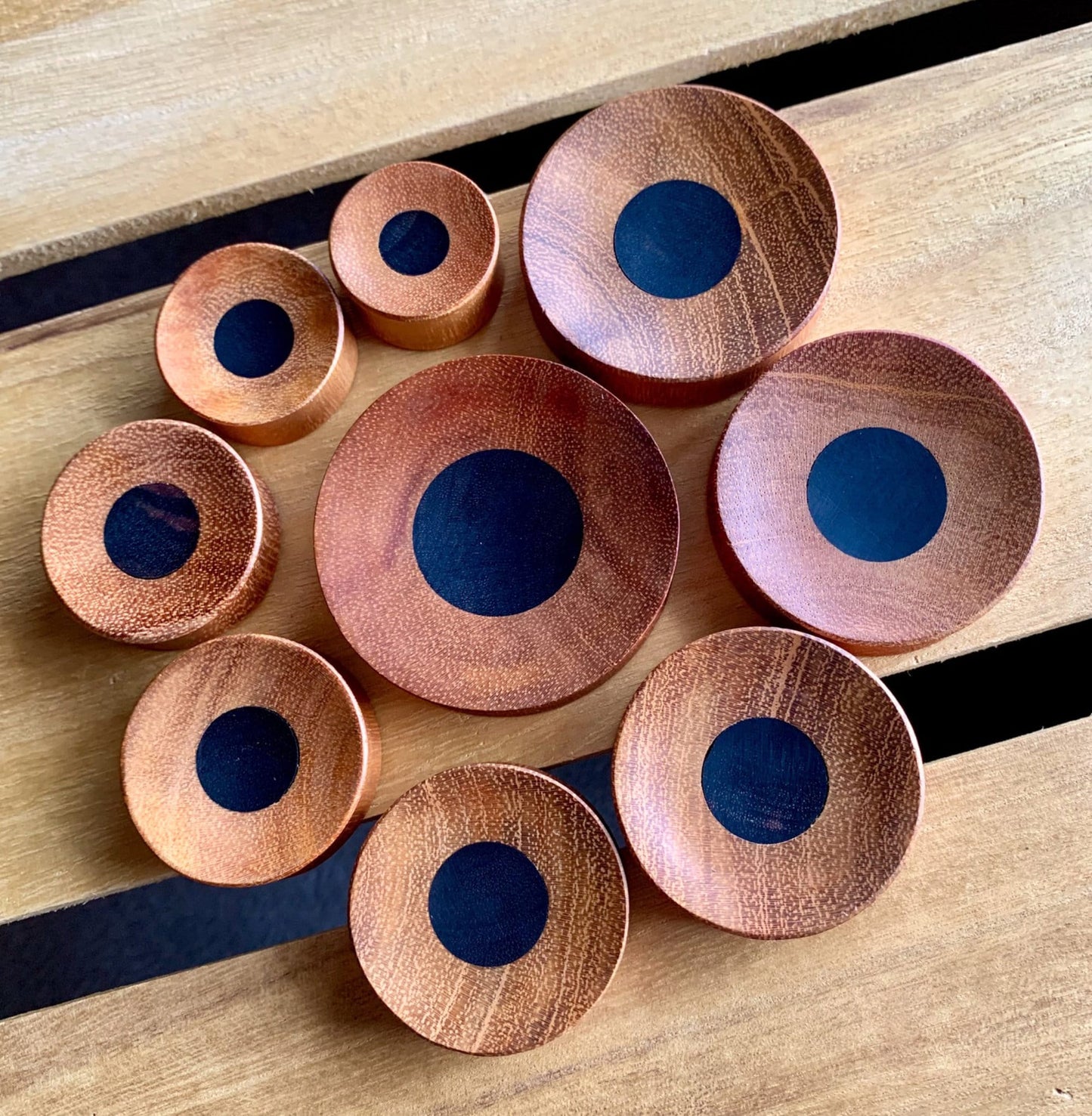 PAIR of Unique Concave Jackfruit Wood with an Areng Wood Center Plugs - Gauges 1" (25mm) thru 52mm (a little over 2") available!