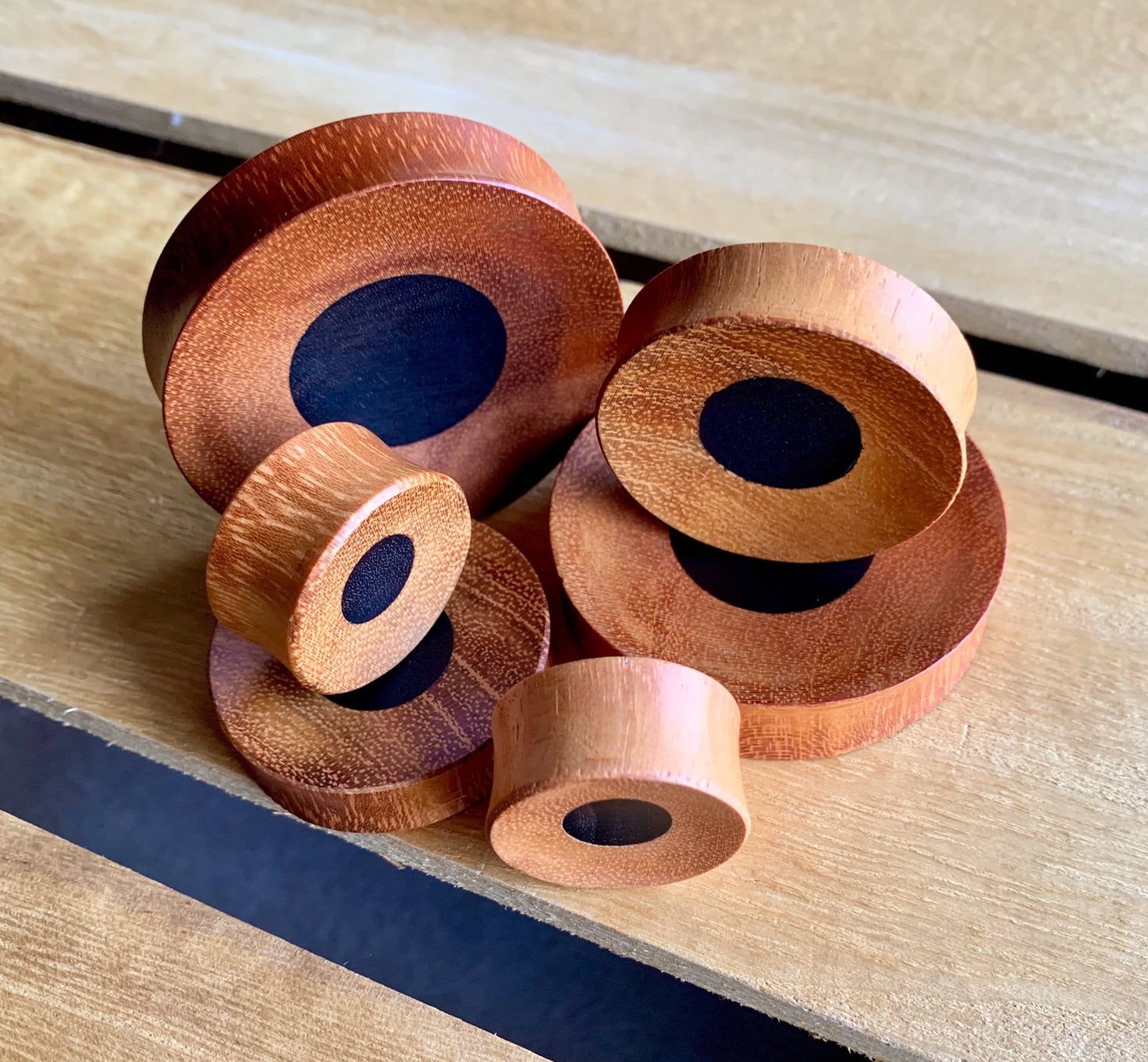 PAIR of Unique Concave Jackfruit Wood with an Areng Wood Center Plugs - Gauges 1" (25mm) thru 52mm (a little over 2") available!