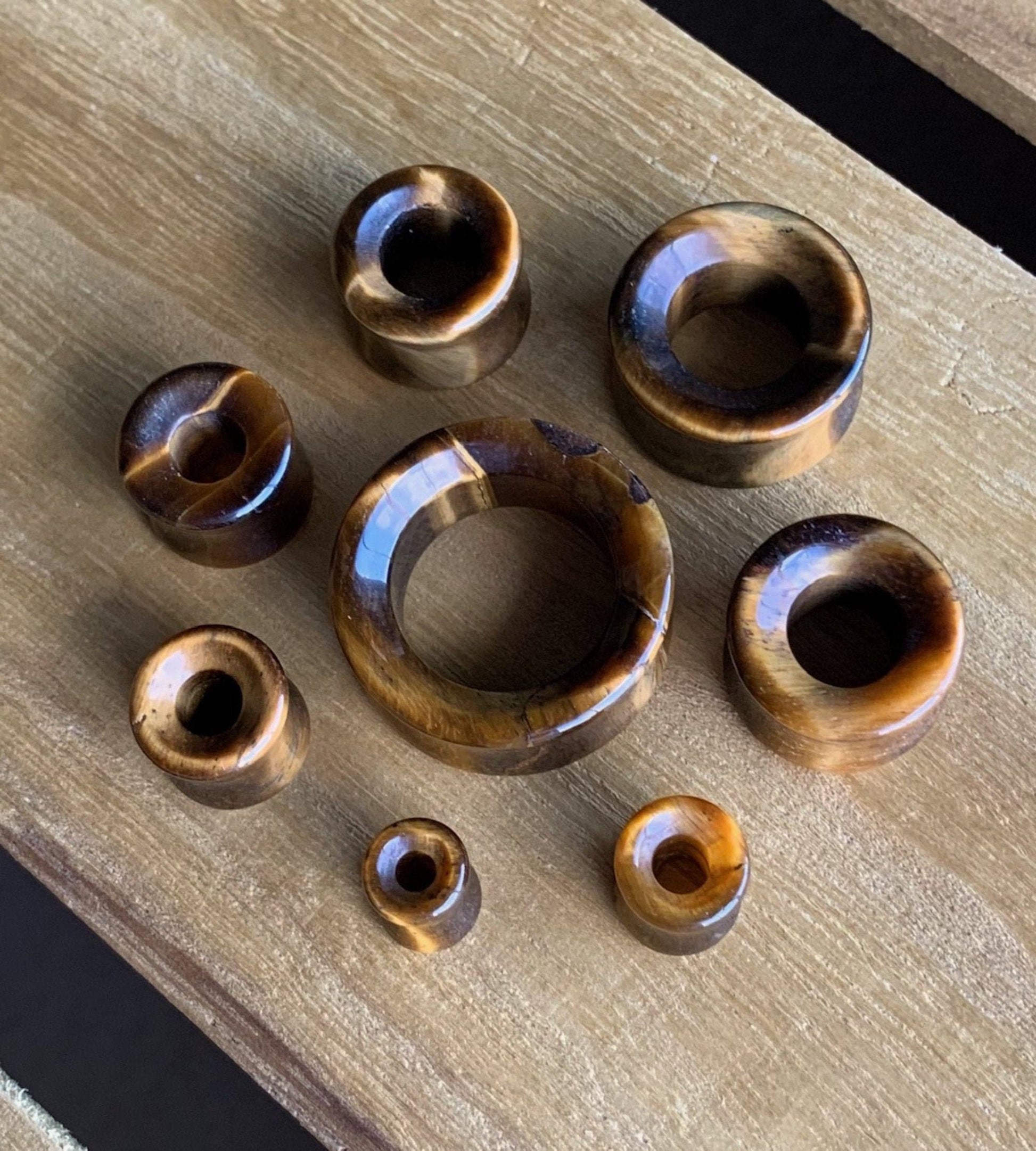 PAIR of Organic Tiger Eye Stone Double Flare Tunnels - Gauges 2g up to 1" (25mm) available!