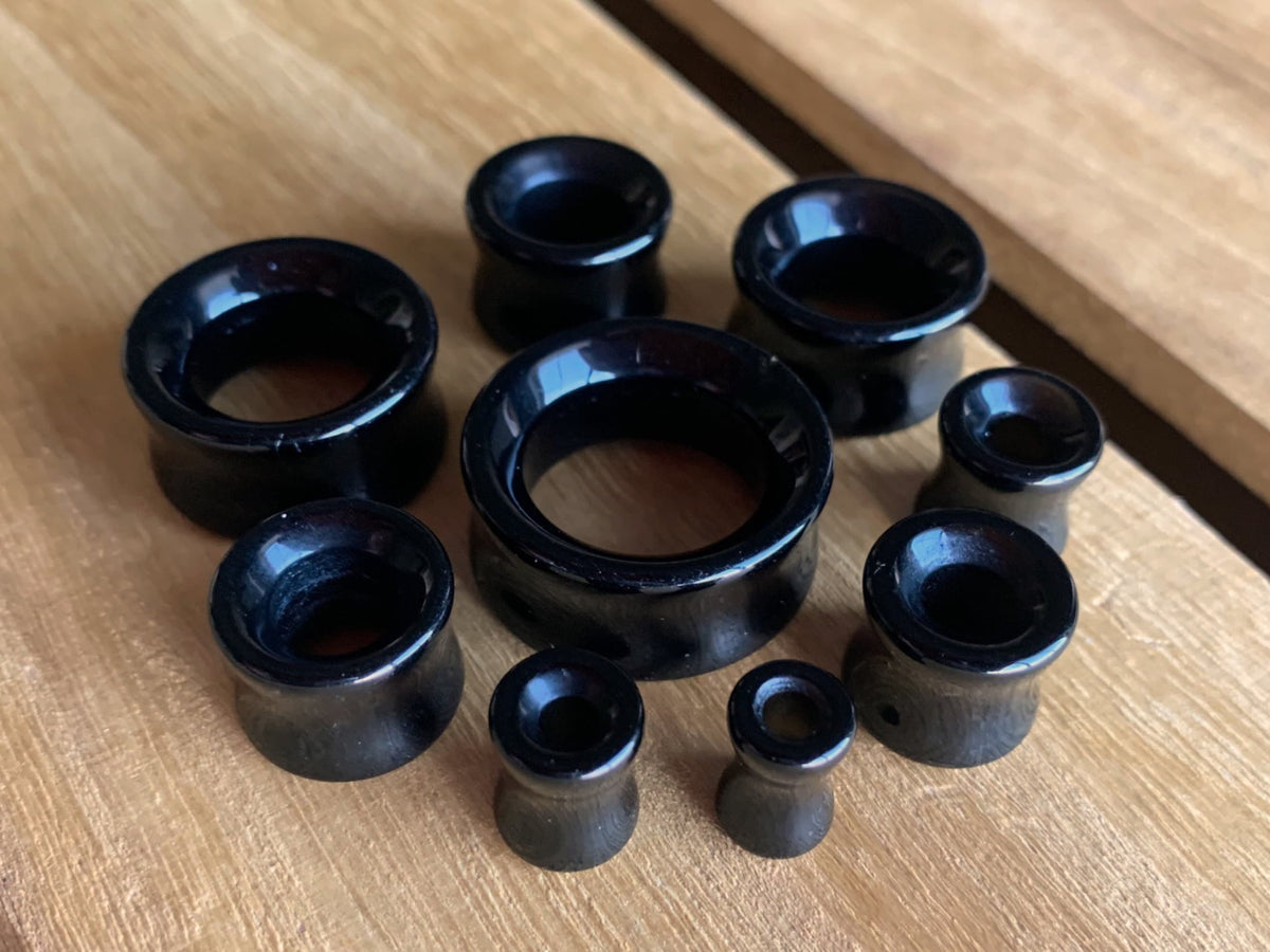 PAIR of Brilliant Black Agate Organic Stone Tunnels- Gauges 2g (6mm) to 1&1/2" (38mm) available!