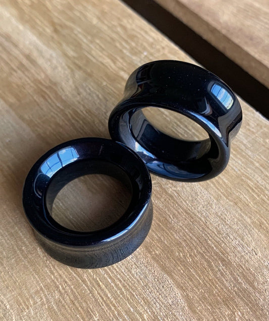 PAIR of Brilliant Black Agate Organic Stone Tunnels- Gauges 2g (6mm) to 1&1/2" (38mm) available!