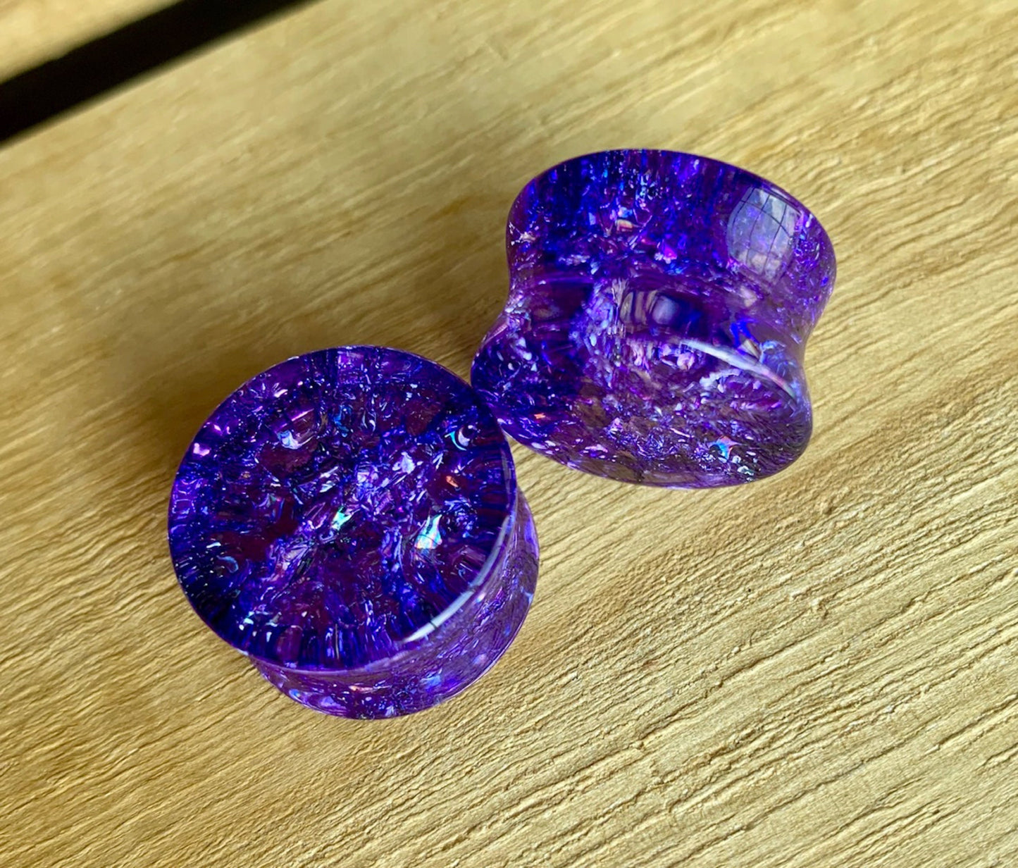 PAIR of Stunning Purple Cracked Glass Double Flare Plugs - Only size 14mm available!