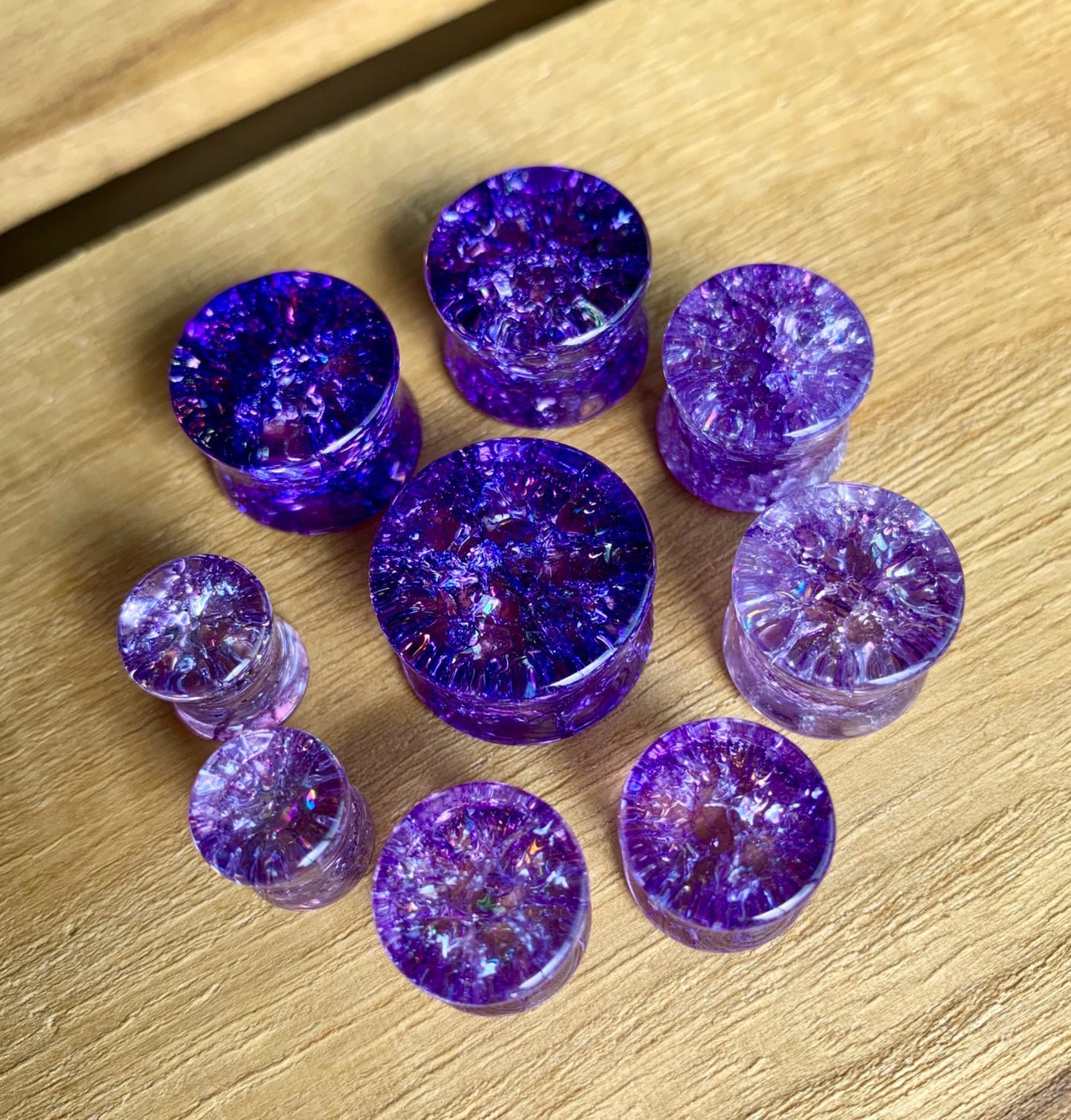 PAIR of Stunning Purple Cracked Glass Double Flare Plugs - Only size 14mm available!