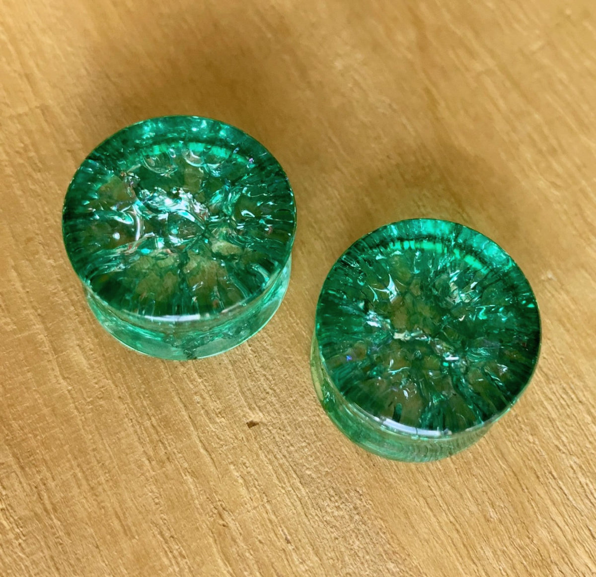 PAIR of Beautiful Green Cracked Glass Double Flare Plugs - Gauges 2g (6mm) through 5/8" (16mm) available!