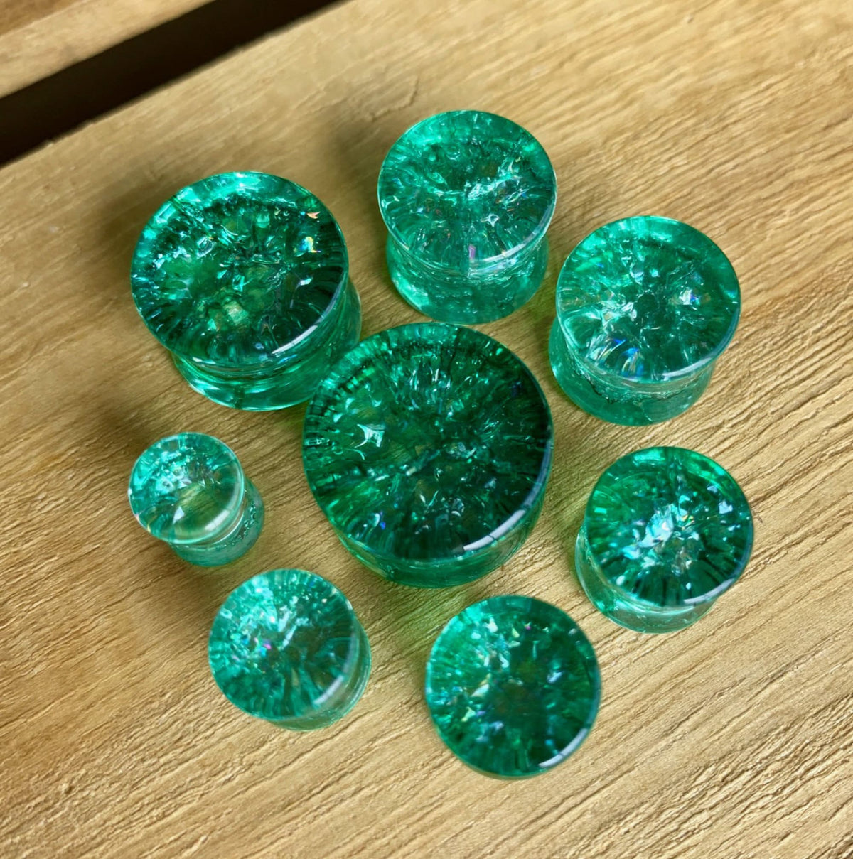 PAIR of Beautiful Green Cracked Glass Double Flare Plugs - Gauges 2g (6mm) through 5/8" (16mm) available!