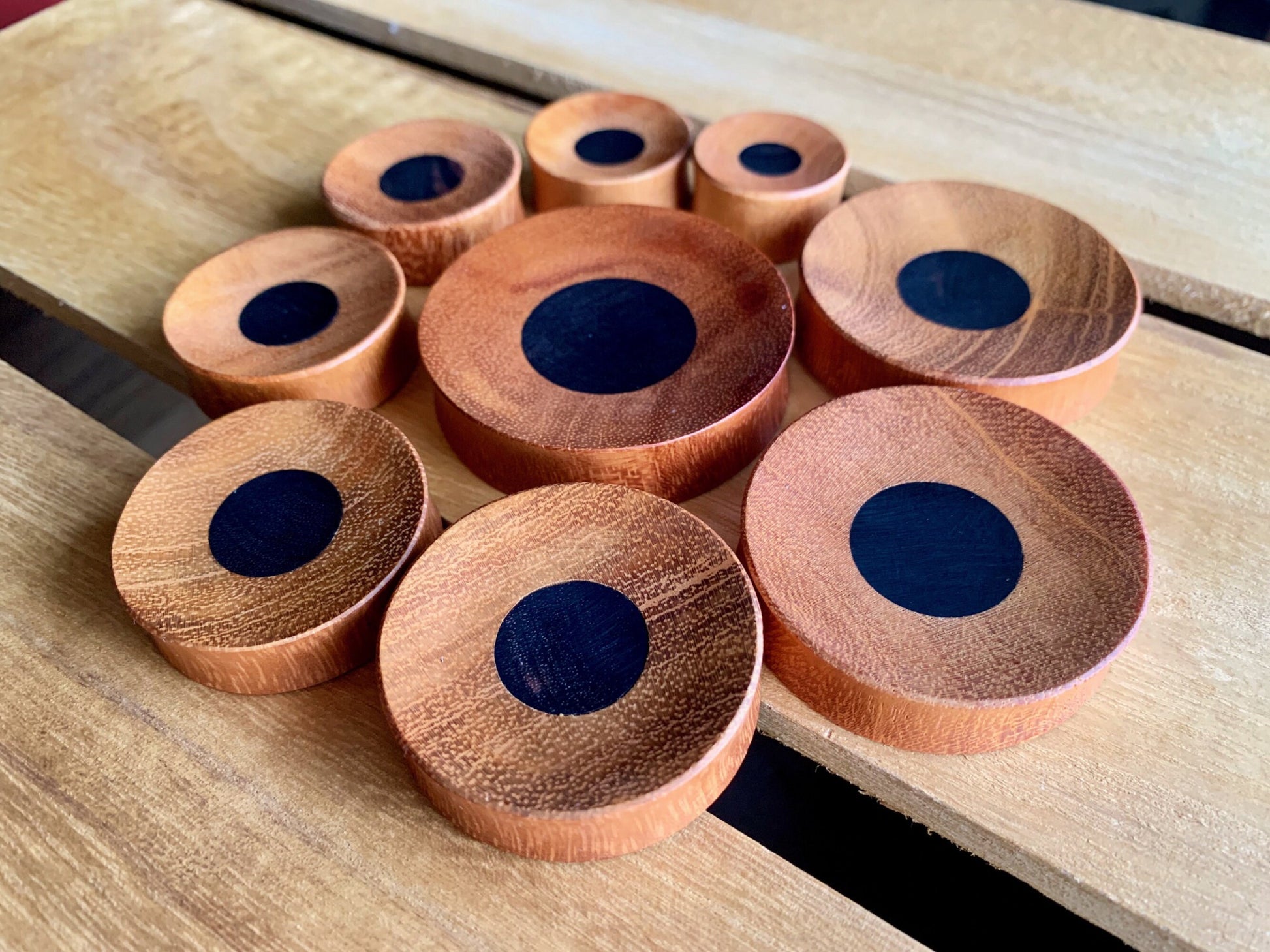 PAIR of Unique Concave Jackfruit Wood with an Areng Wood Center Plugs - Gauges 1" (25mm) thru 52mm (a little over 2") available!