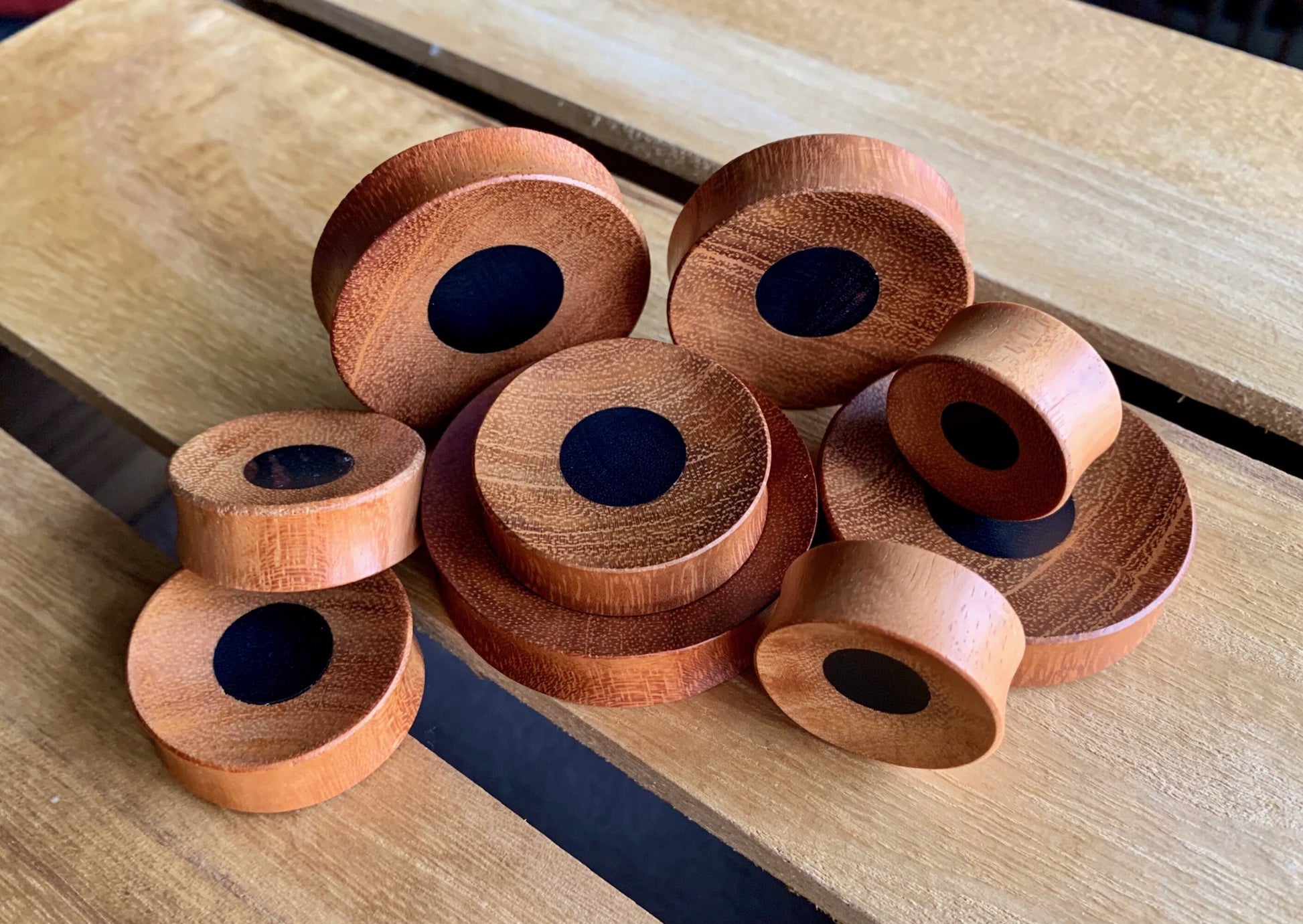 PAIR of Unique Concave Jackfruit Wood with an Areng Wood Center Plugs - Gauges 1" (25mm) thru 52mm (a little over 2") available!