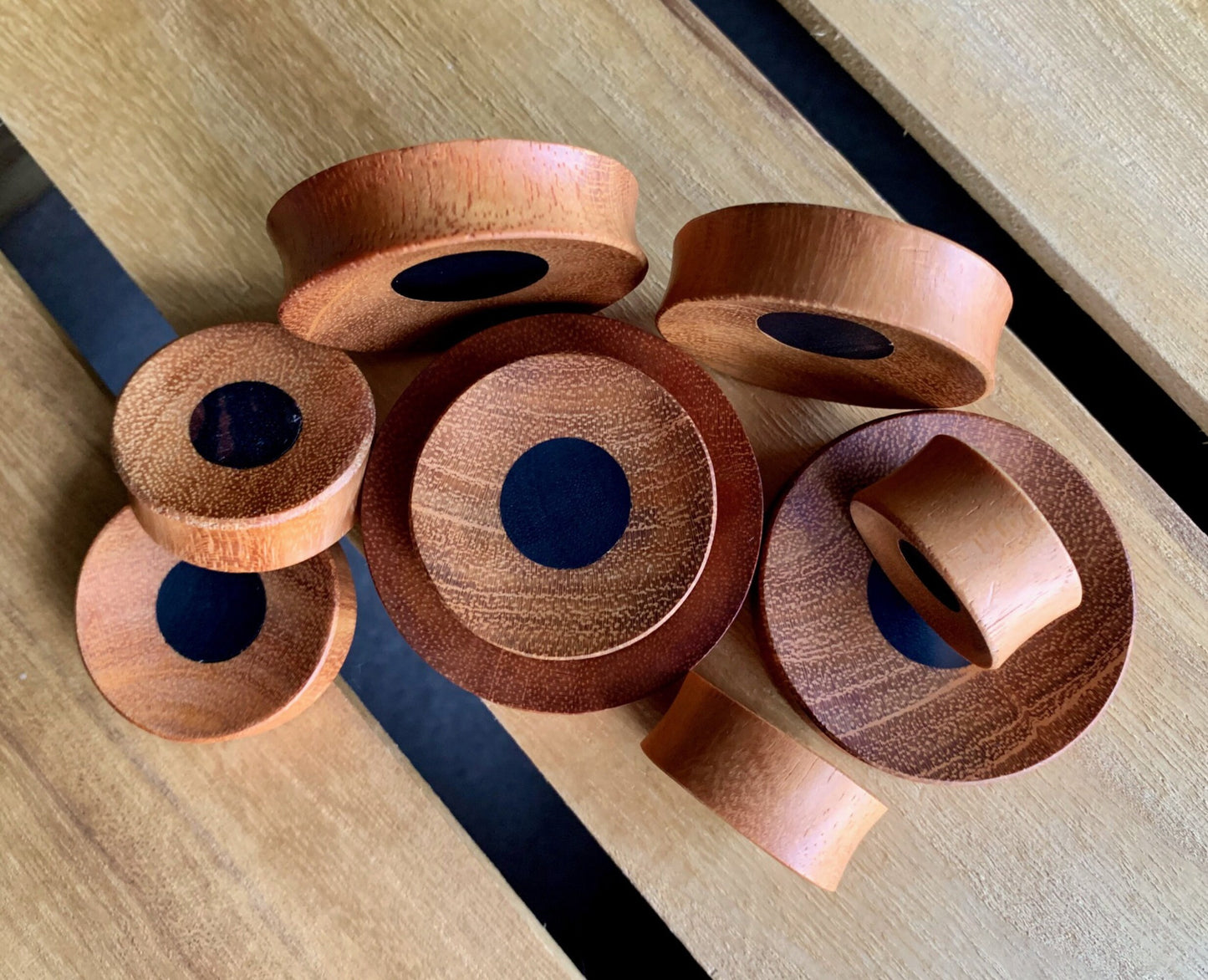 PAIR of Unique Concave Jackfruit Wood with an Areng Wood Center Plugs - Gauges 1" (25mm) thru 52mm (a little over 2") available!