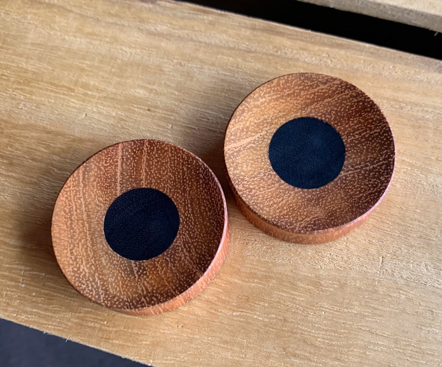 PAIR of Unique Concave Jackfruit Wood with an Areng Wood Center Plugs - Gauges 1" (25mm) thru 52mm (a little over 2") available!