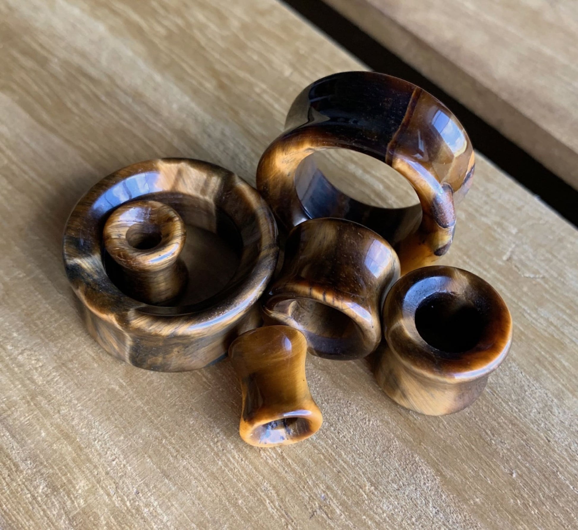 PAIR of Organic Tiger Eye Stone Double Flare Tunnels - Gauges 2g up to 1" (25mm) available!
