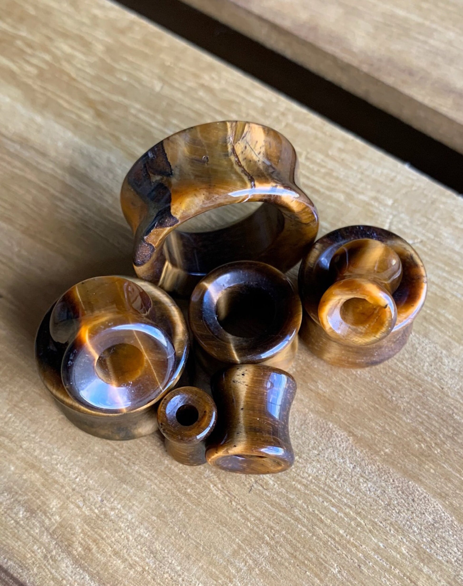 PAIR of Organic Tiger Eye Stone Double Flare Tunnels - Gauges 2g up to 1" (25mm) available!