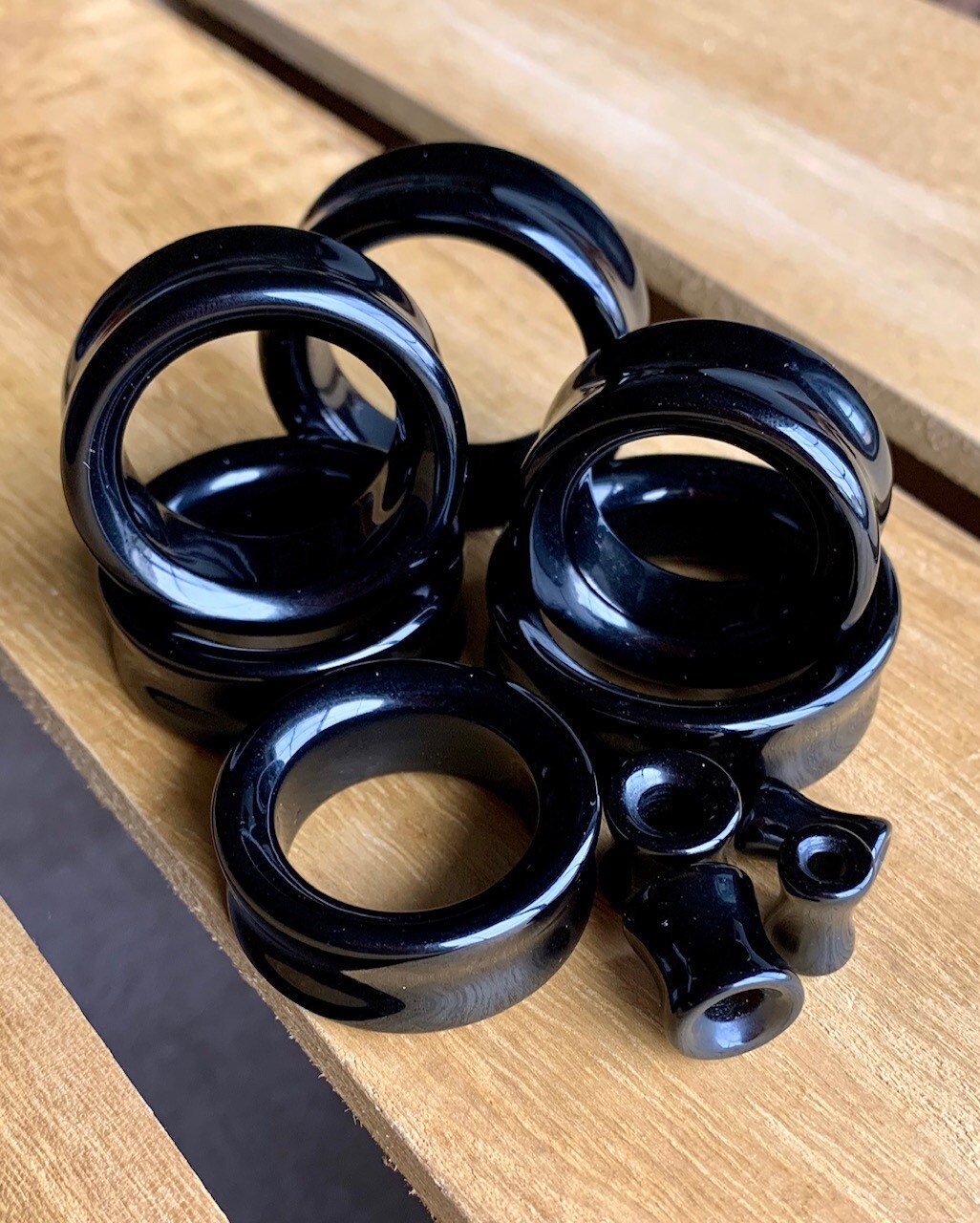 PAIR of Brilliant Black Agate Organic Stone Tunnels- Gauges 2g (6mm) to 1&1/2" (38mm) available!