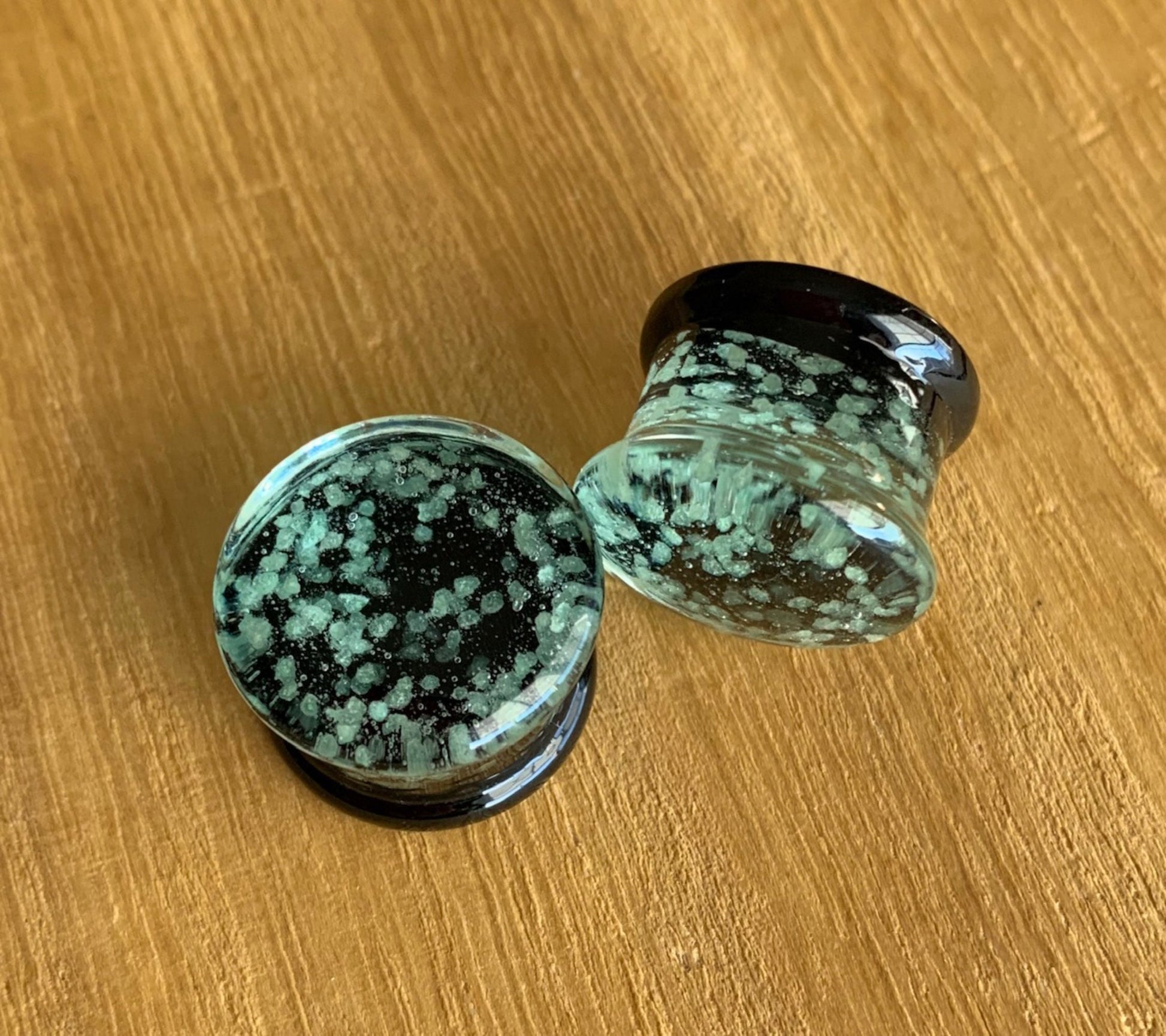 PAIR of Stunning Glow in the Dark Sparkle Pyrex Glass Double Flare Plugs - Gauges 2g (6mm) through 5/8" (16mm) available!