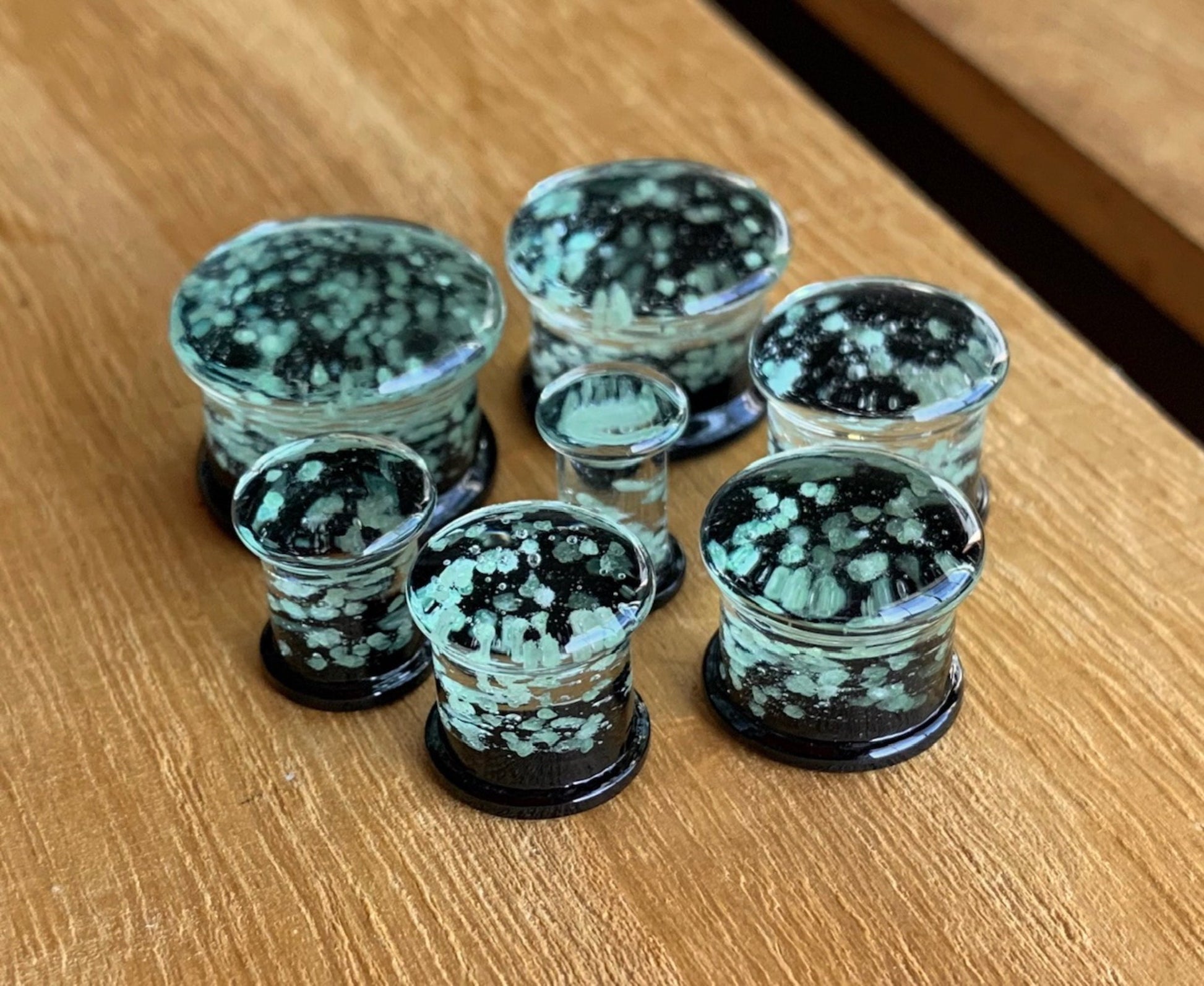 PAIR of Stunning Glow in the Dark Sparkle Pyrex Glass Double Flare Plugs - Gauges 2g (6mm) through 5/8" (16mm) available!