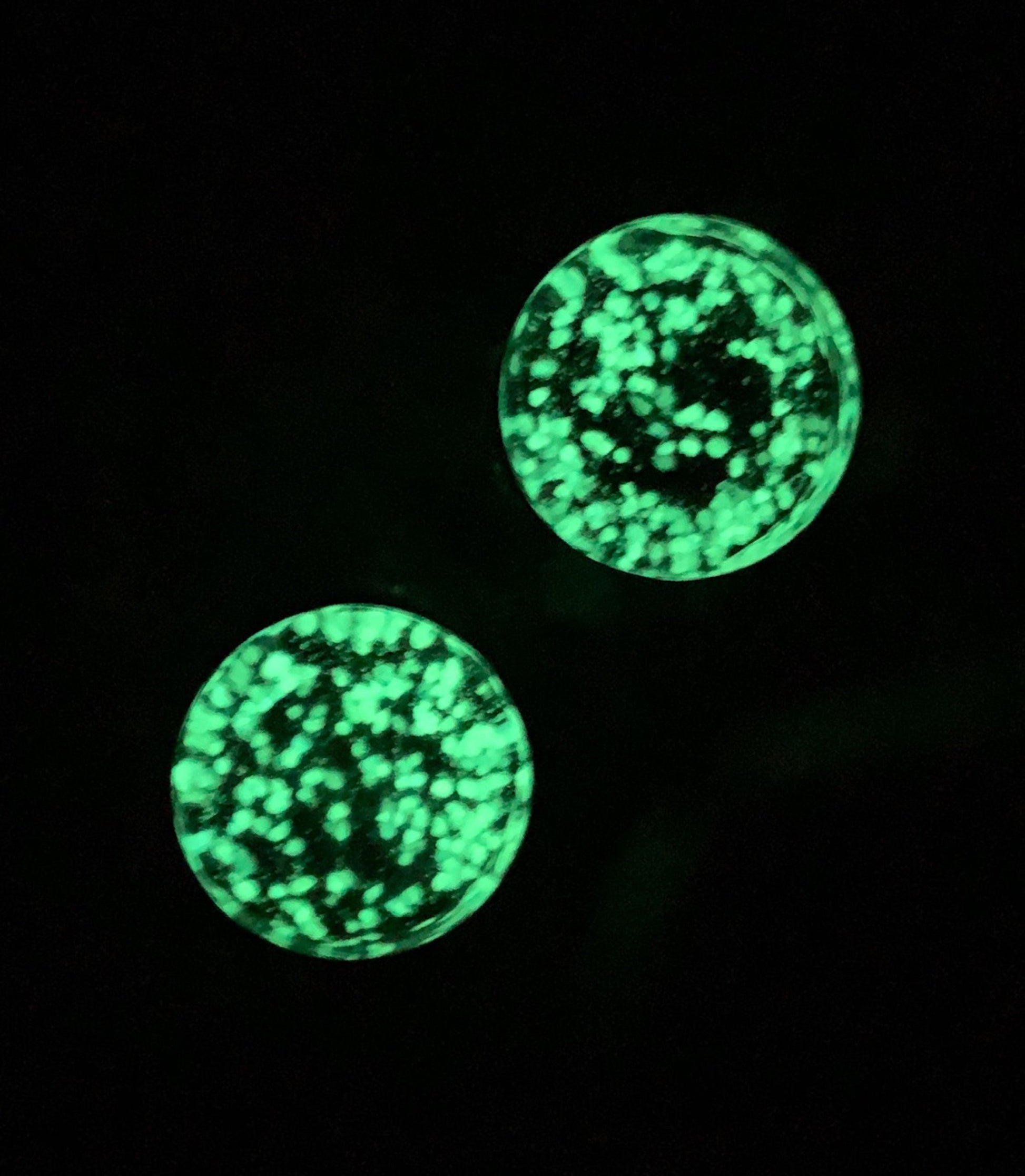 PAIR of Stunning Glow in the Dark Sparkle Pyrex Glass Double Flare Plugs - Gauges 2g (6mm) through 5/8" (16mm) available!