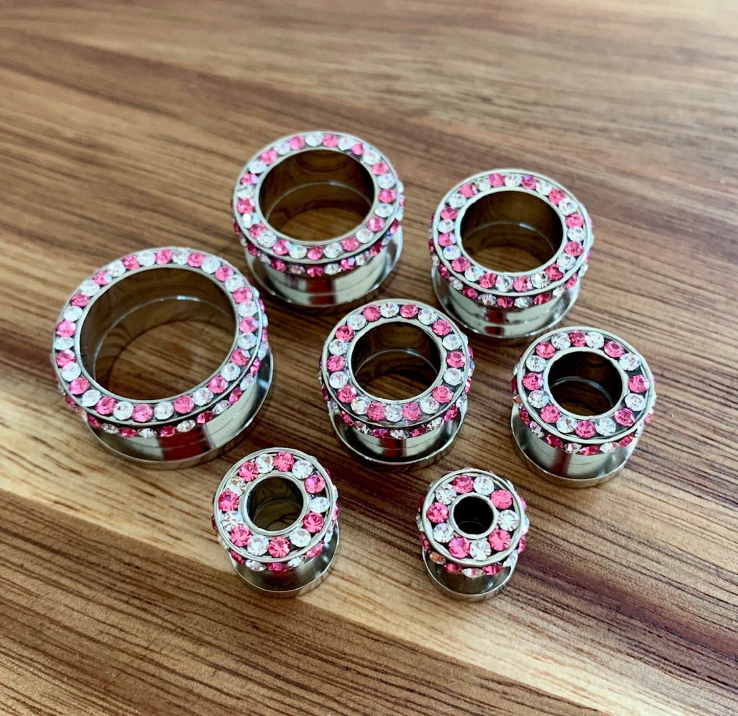 PAIR of Stunning Internally Threaded Tunnels with Pink & Clear Rim and Side Gems - Gauges 2g (6mm) thru 3/4" (16mm) available!