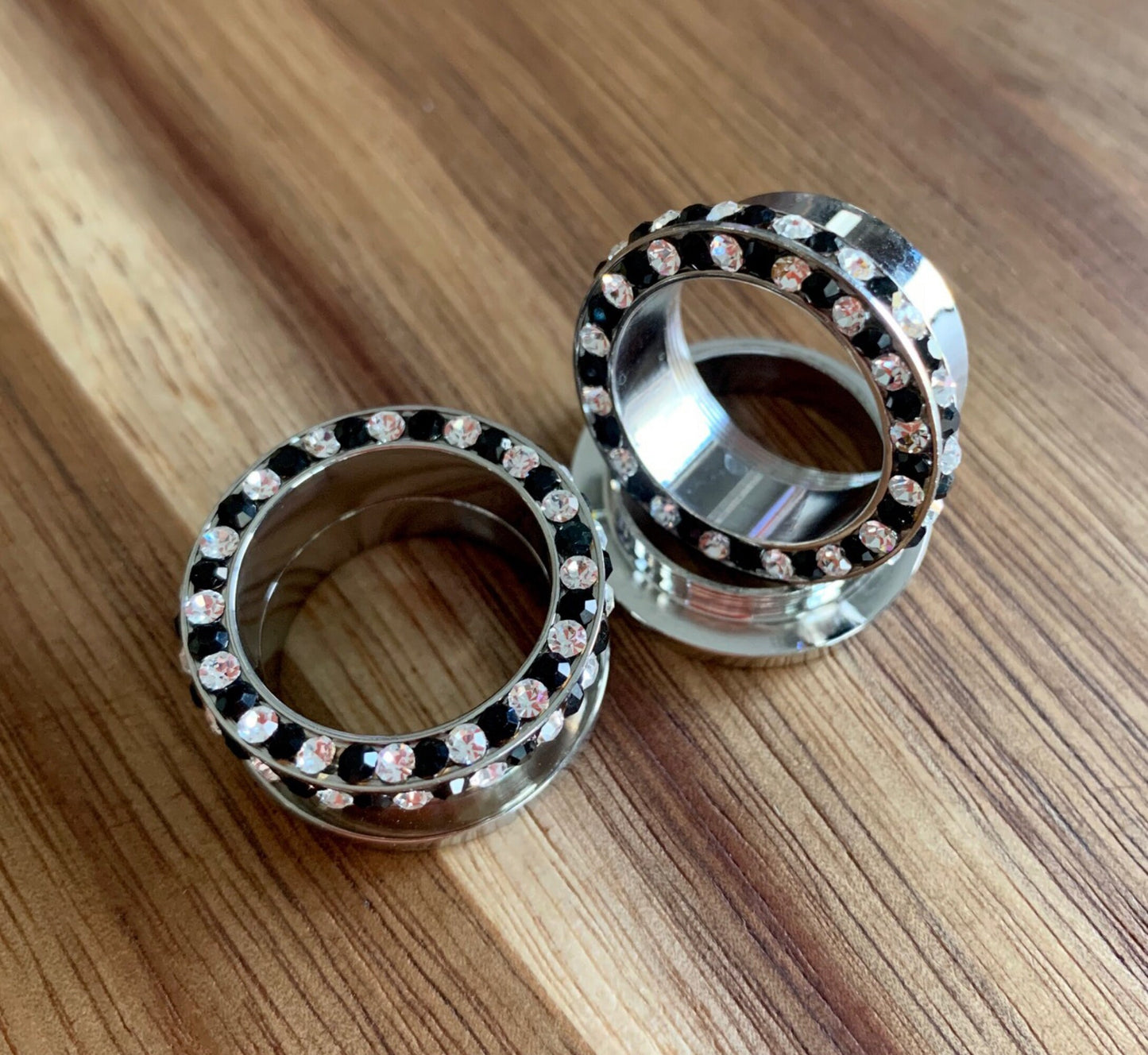 PAIR of Stunning Internally Threaded Tunnels with Black & Clear Rim and Side Gems - Gauges 1/2" (12mm) thru 3/4" (16mm) available!