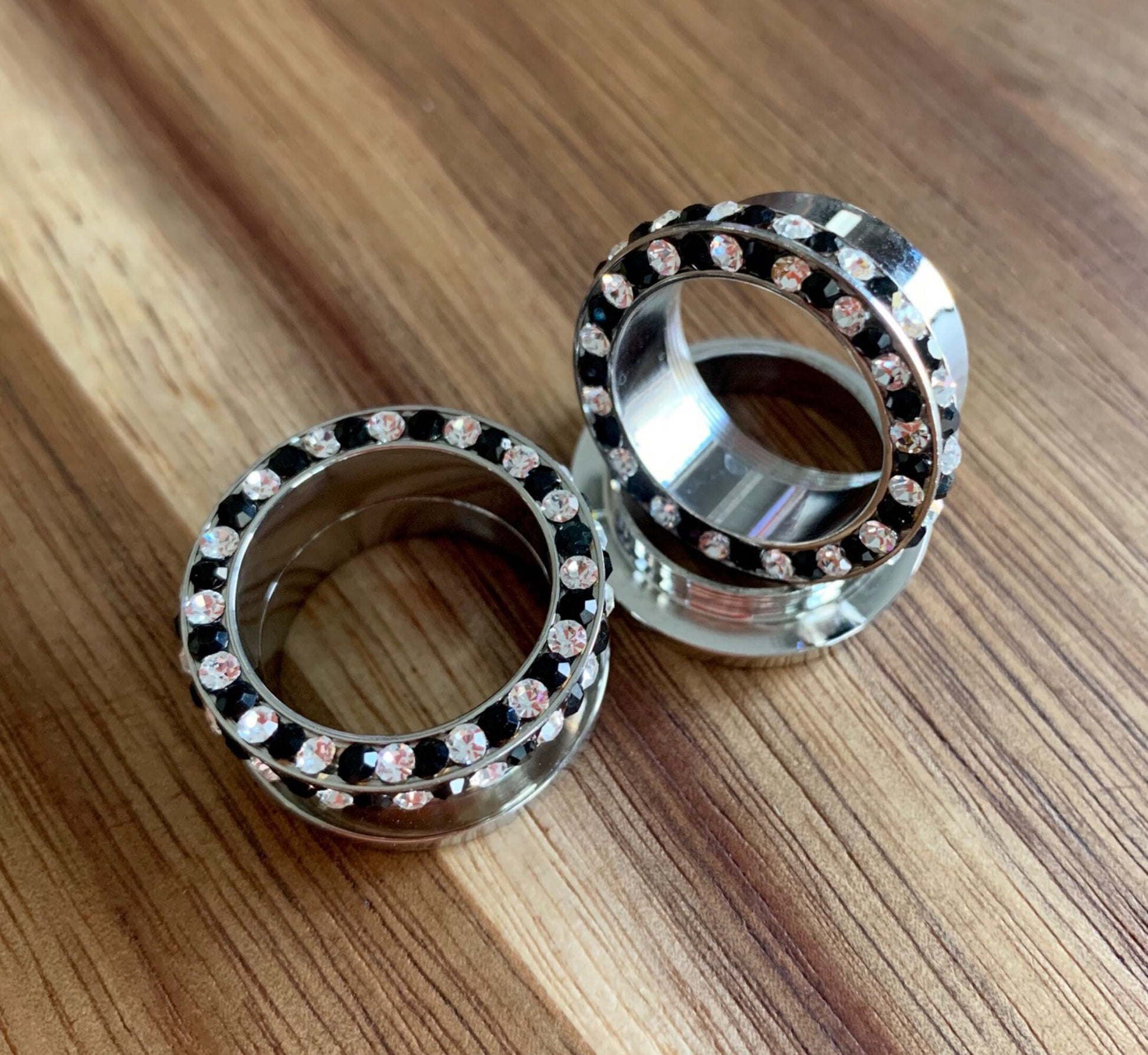 PAIR of Stunning Internally Threaded Tunnels with Black & Clear Rim and Side Gems - Gauges 1/2" (12mm) thru 3/4" (16mm) available!