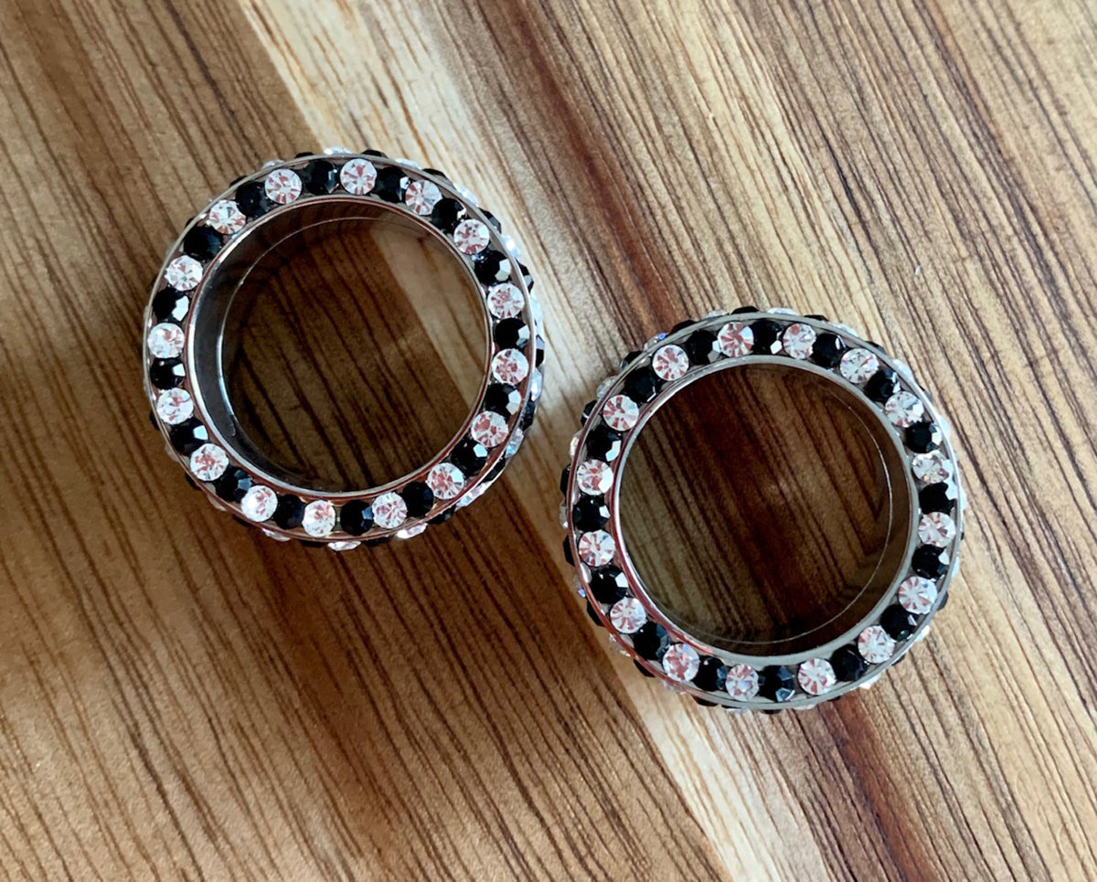PAIR of Stunning Internally Threaded Tunnels with Black & Clear Rim and Side Gems - Gauges 1/2" (12mm) thru 3/4" (16mm) available!