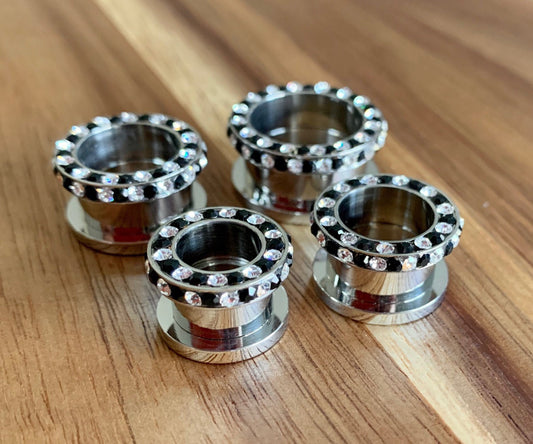 PAIR of Stunning Internally Threaded Tunnels with Black & Clear Rim and Side Gems - Gauges 1/2" (12mm) thru 3/4" (16mm) available!