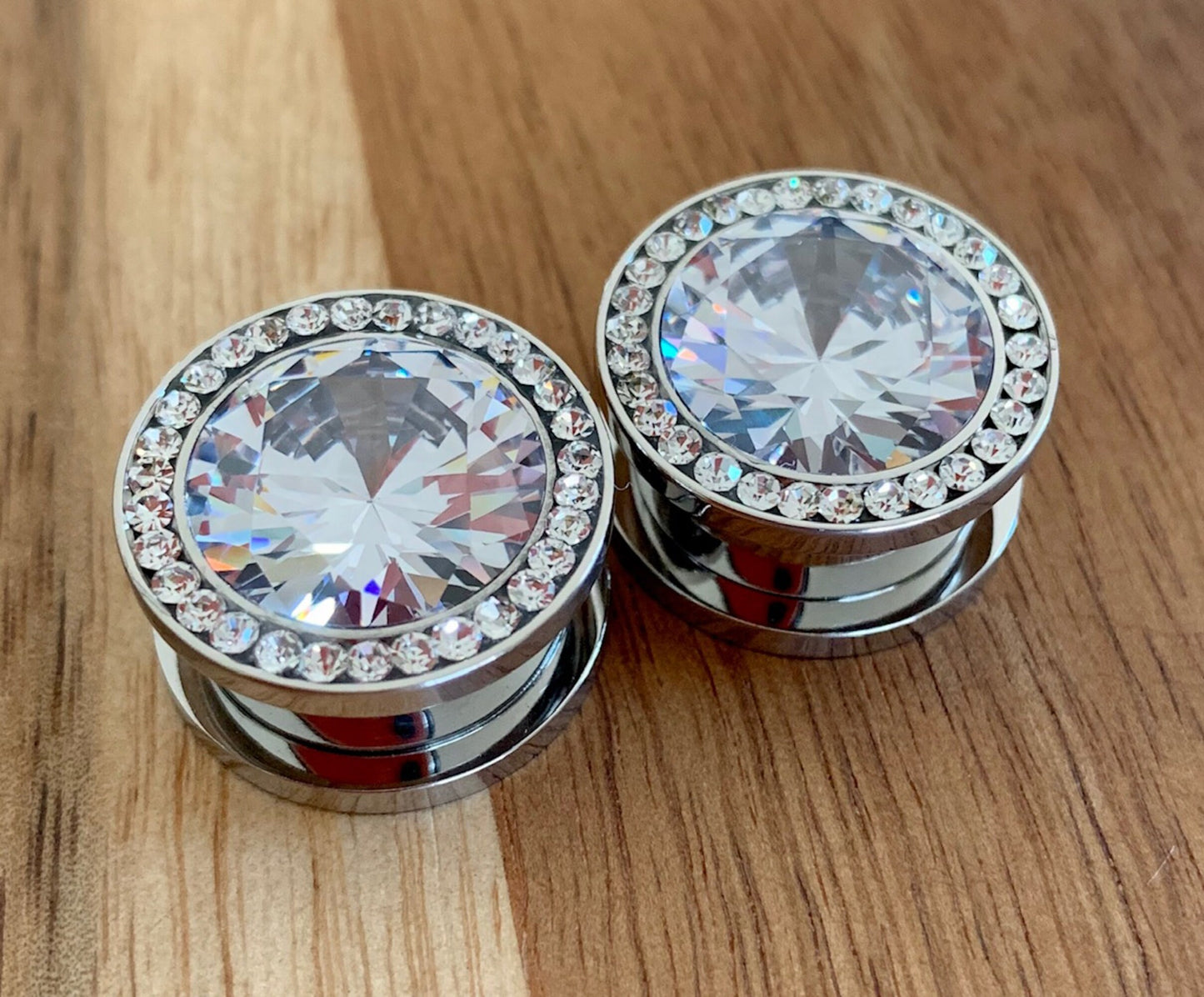 PAIR of Stunning Steel Screw Fit Plugs with Large Clear CZ Gem Surrounded by a CZ Rim - Gauges 8g (3.2) thru 5/8" (16mm) available!