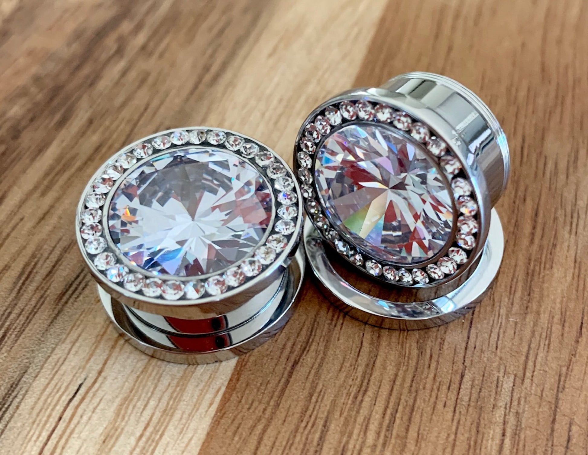 PAIR of Stunning Steel Screw Fit Plugs with Large Clear CZ Gem Surrounded by a CZ Rim - Gauges 8g (3.2) thru 5/8" (16mm) available!