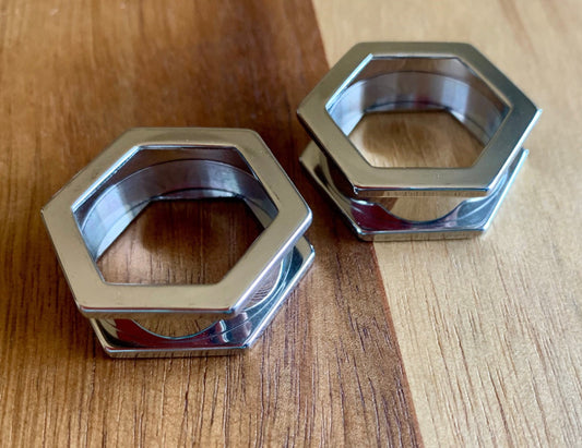 PAIR of Unique Hexagon Steel Screw Fit Tunnels - Gauges 8g (3.2mm) thru 1" (25mm) available!