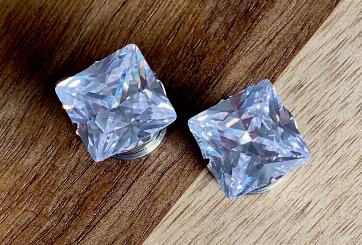 PAIR of Stunning Large Square CZ Gem Steel Screw Fit Tunnels/Plugs - Gauges 8g (3.2mm) thru 1/2" (12mm) available!