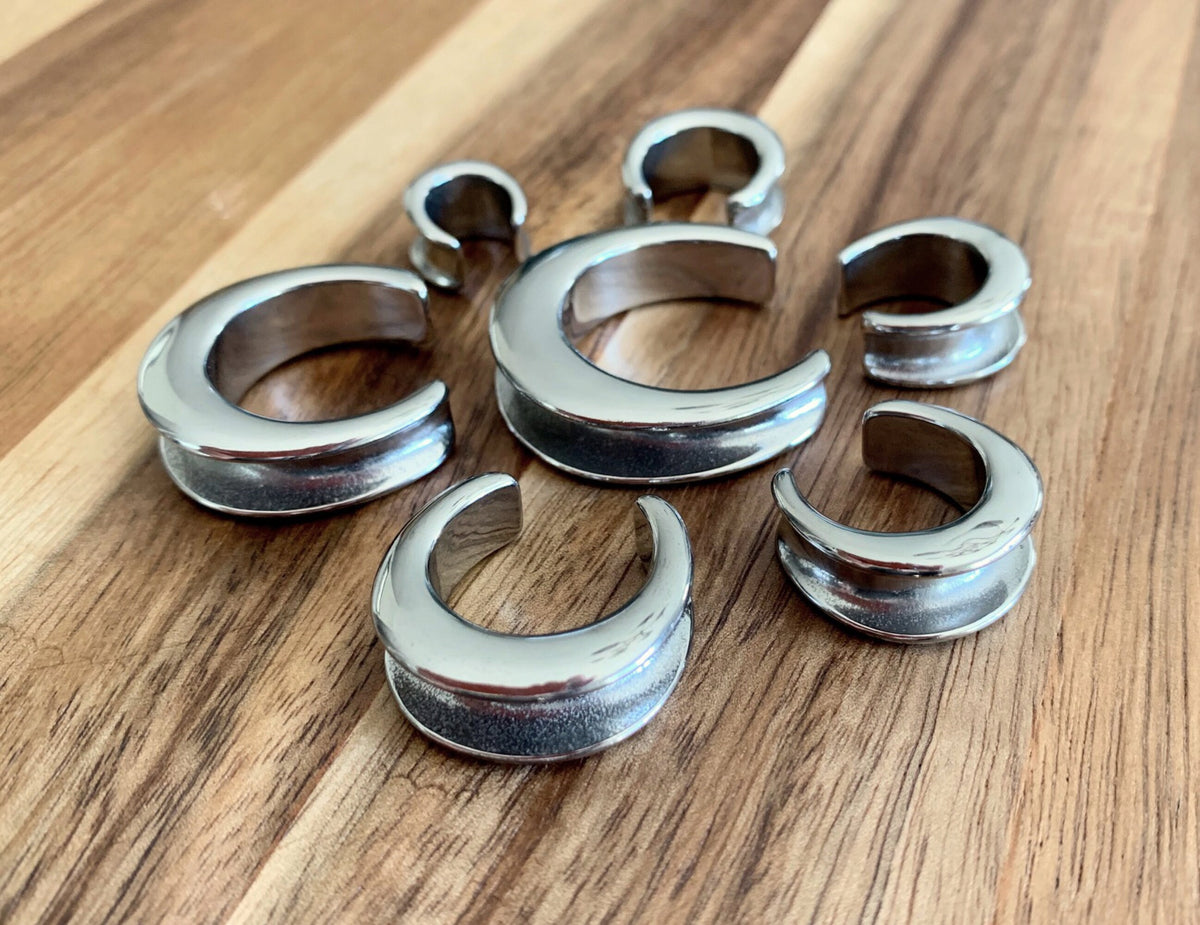 PAIR of Unique Saddle Surgical Steel Ear Spreaders Silver Hanger-Tunnels/Plugs - Gauges 00g (10mm) thru 1" (25mm) available!