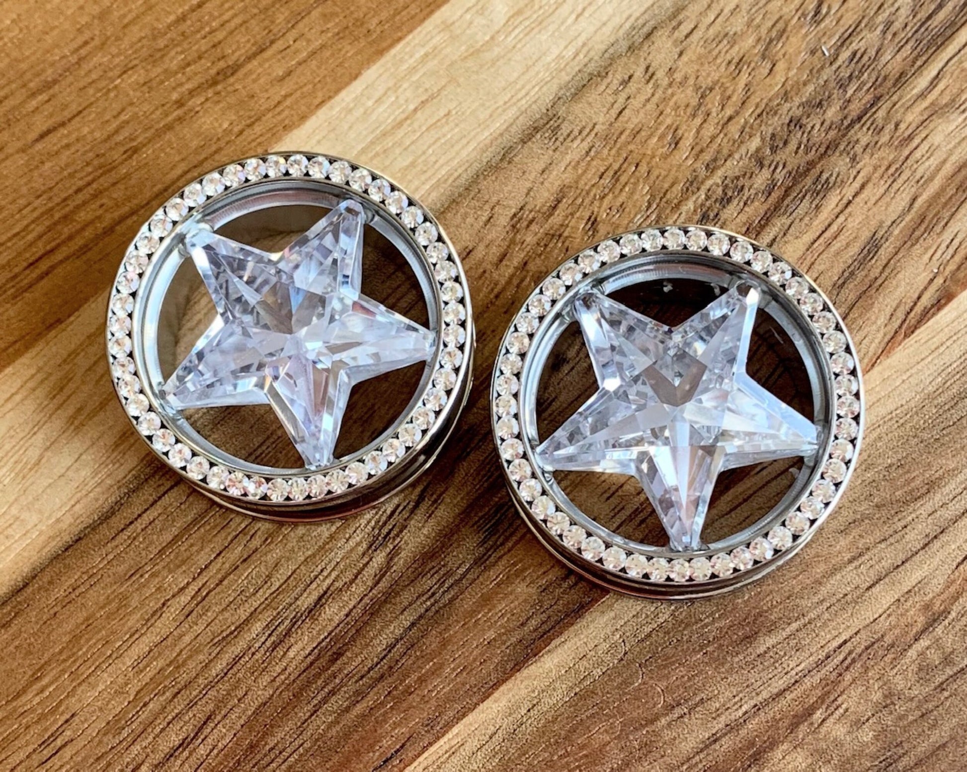 PAIR of Clear Star CZ Gem Surrounded by a Clear CZ Rim Steel Screw Fit Plug - Gauges 4g (5mm) thru 14mm available!