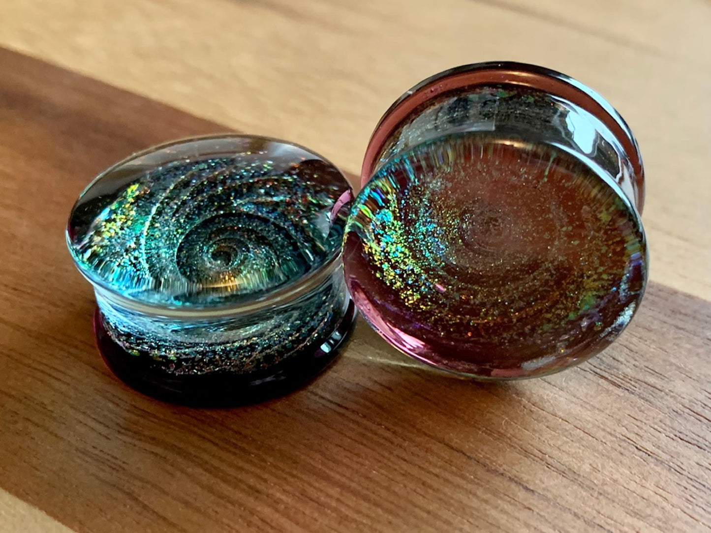 PAIR of Unique Purple Sparkle Galaxy Swirl Design Pyrex Glass Plugs - Gauges 2g (6mm) through 1" (25mm) available!