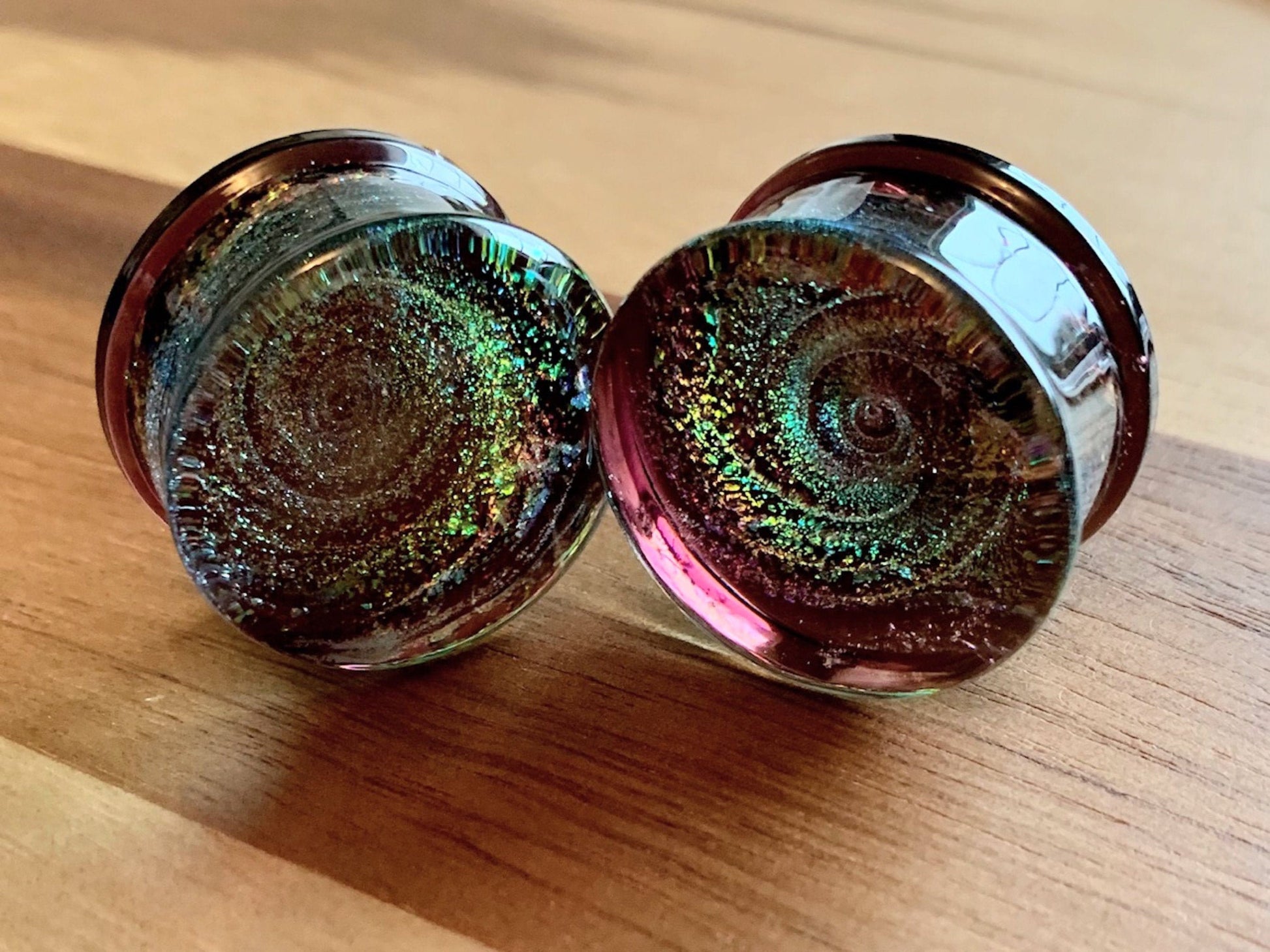 PAIR of Unique Purple Sparkle Galaxy Swirl Design Pyrex Glass Plugs - Gauges 2g (6mm) through 1" (25mm) available!