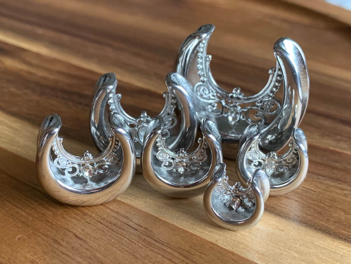 PAIR of Floral Filigree Saddle Surgical Steel Ear Spreaders with CZ Gem Hanger-Tunnels/Plugs - Gauges 00g (10mm) thru 1" (25mm) available!