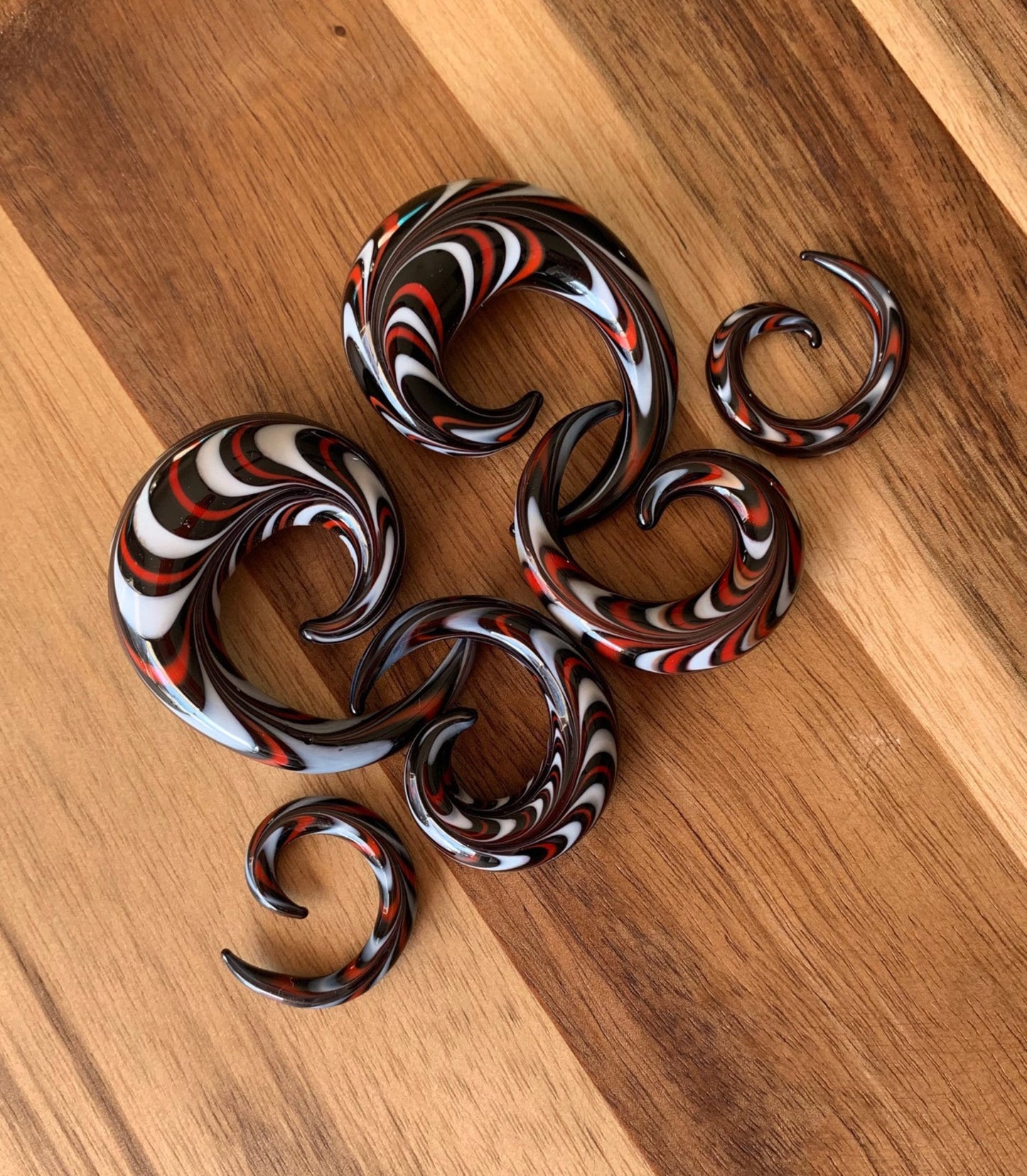 PAIR of Stunning Red, Black & White Swirl Glass Spiral Tapers - Gauges 4g (5mm) thru 5/8" (16mm) available!