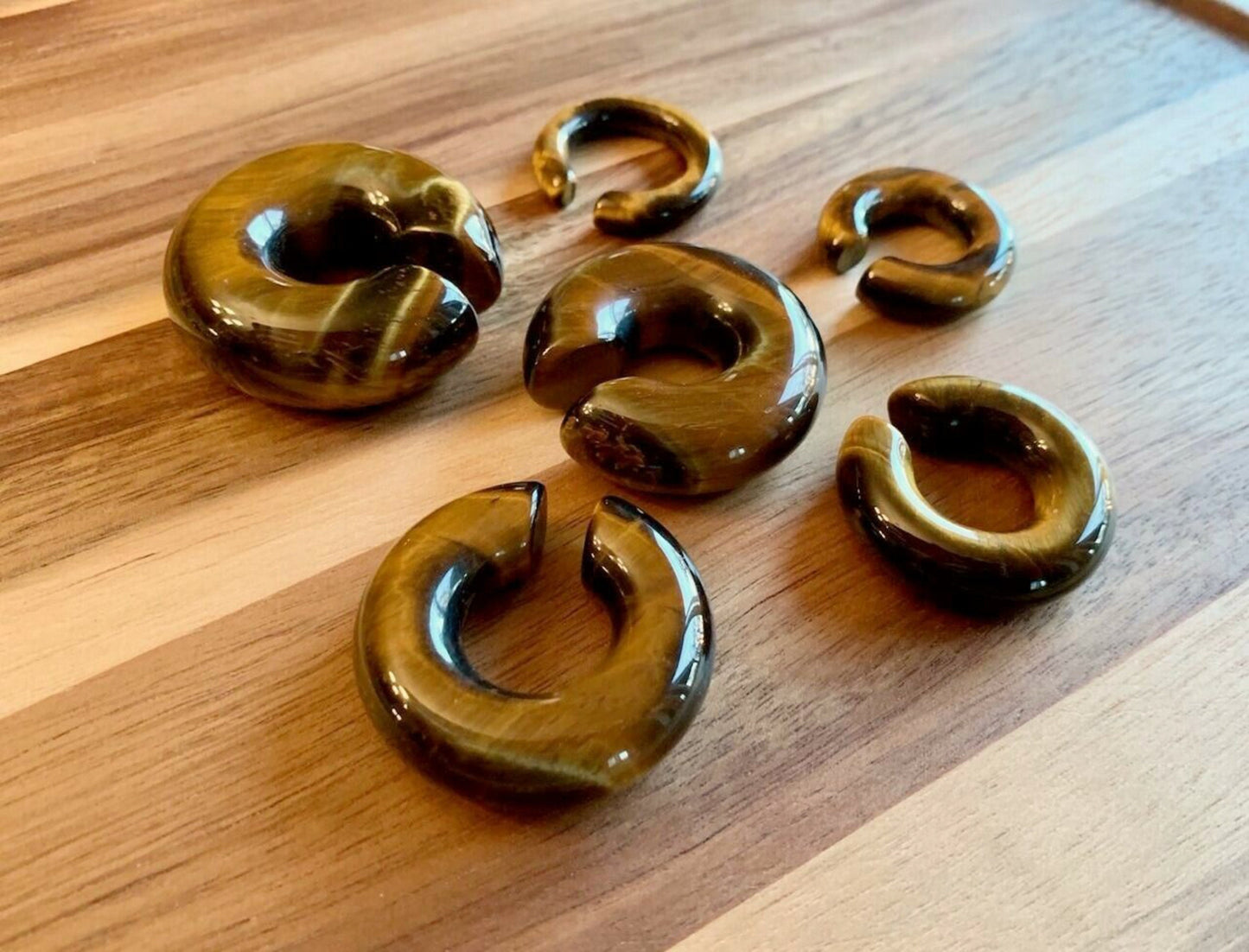 PAIR of Unique Organic Tiger Eye Stone Hoops Ear Weight Hanging Plugs - Gauges 2g (6mm) up to 5/8" (16mm) available!