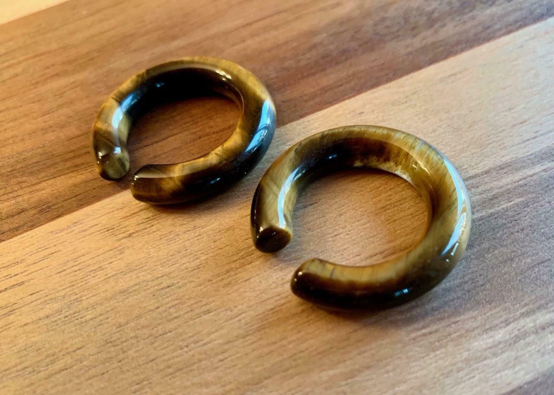 PAIR of Unique Organic Tiger Eye Stone Hoops Ear Weight Hanging Plugs - Gauges 2g (6mm) up to 5/8" (16mm) available!