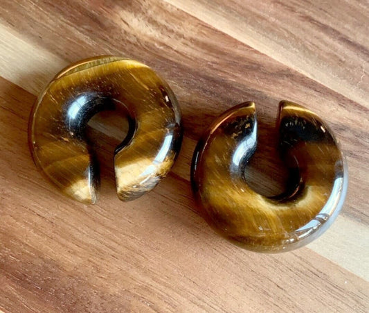 PAIR of Unique Organic Tiger Eye Stone Hoops Ear Weight Hanging Plugs - Gauges 2g (6mm) up to 5/8" (16mm) available!