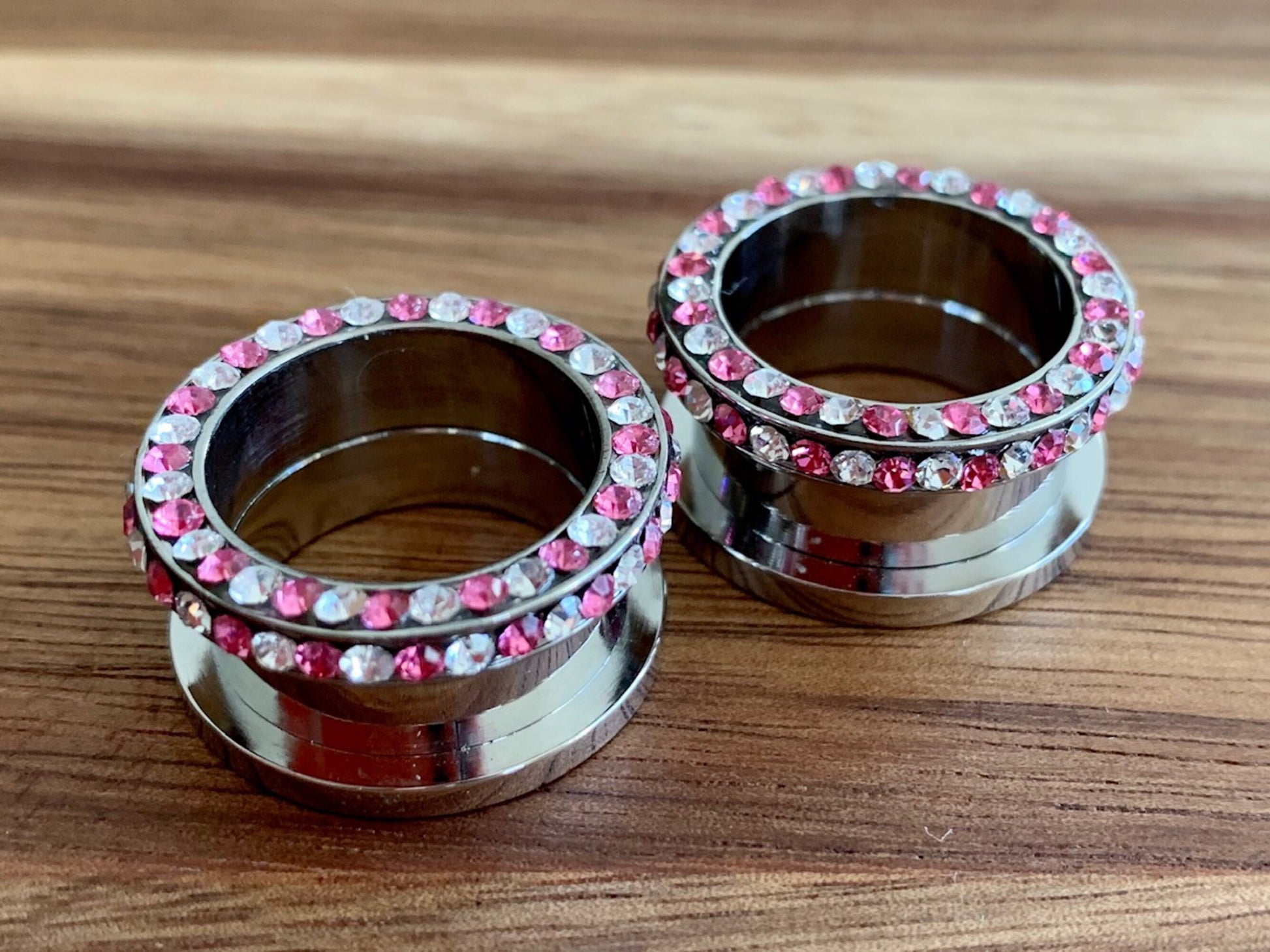 PAIR of Stunning Internally Threaded Tunnels with Pink & Clear Rim and Side Gems - Gauges 2g (6mm) thru 3/4" (16mm) available!