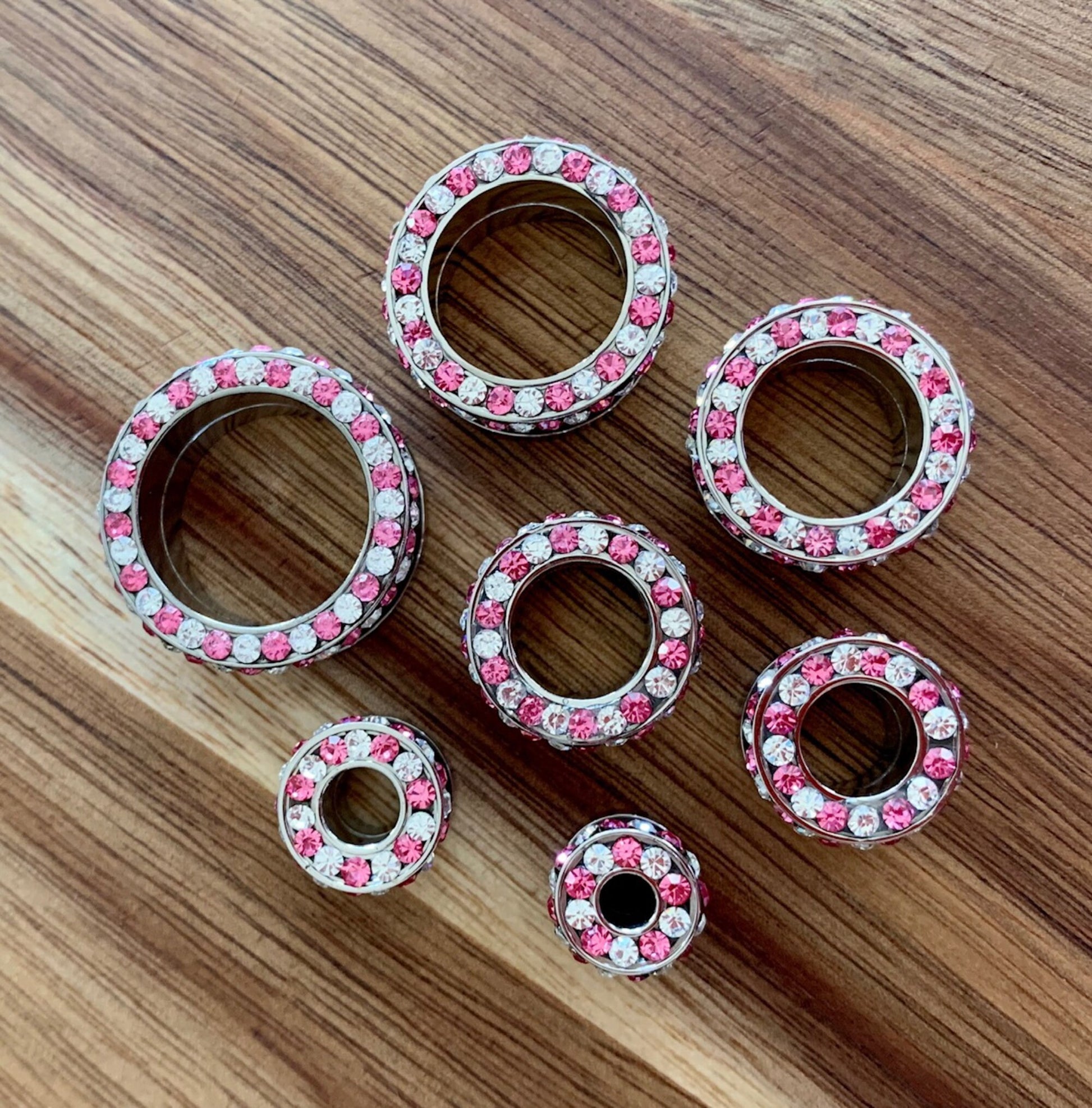 PAIR of Stunning Internally Threaded Tunnels with Pink & Clear Rim and Side Gems - Gauges 2g (6mm) thru 3/4" (16mm) available!